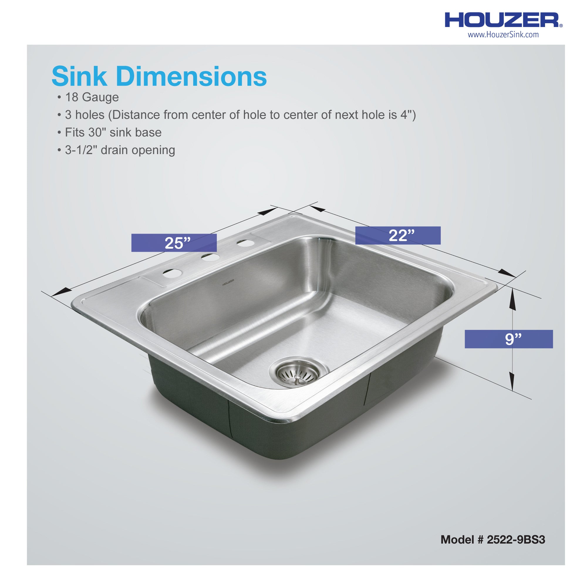 Houzer Glowtone 25 inch Stainless Steel Drop-in Topmount 3-hole Single Bowl 9 inch Deep Kitchen Sink - 2522-9BS3