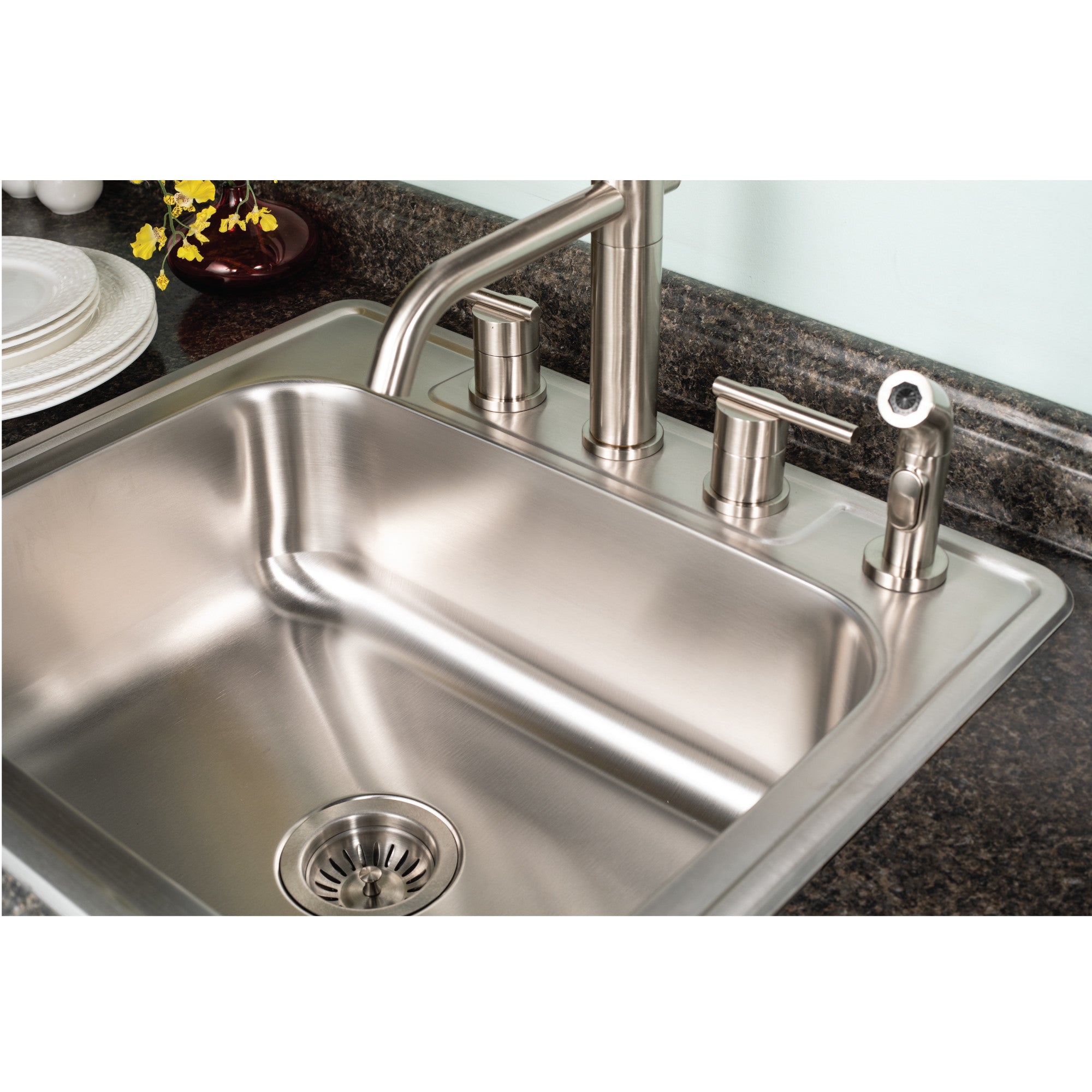 Houzer Glowtone 25 inch Stainless Steel Drop-in Topmount 4-hole Single Bowl 9 inch Deep Kitchen Sink - 2522-9BS4
