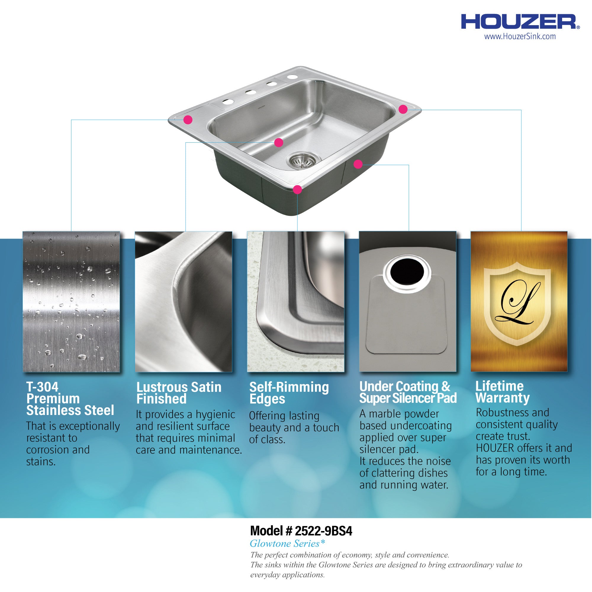 Houzer Glowtone 25 inch Stainless Steel Drop-in Topmount 4-hole Single Bowl 9 inch Deep Kitchen Sink - 2522-9BS4