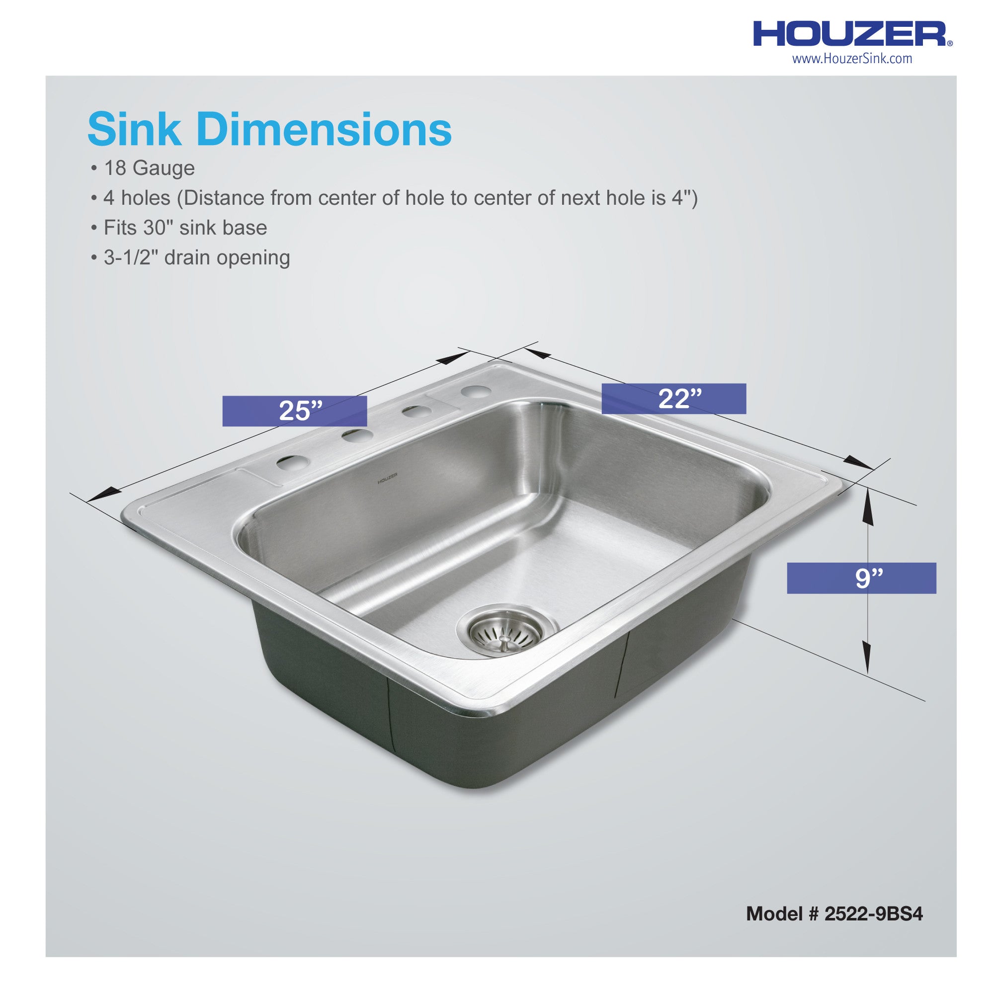 Houzer Glowtone 25 inch Stainless Steel Drop-in Topmount 4-hole Single Bowl 9 inch Deep Kitchen Sink - 2522-9BS4