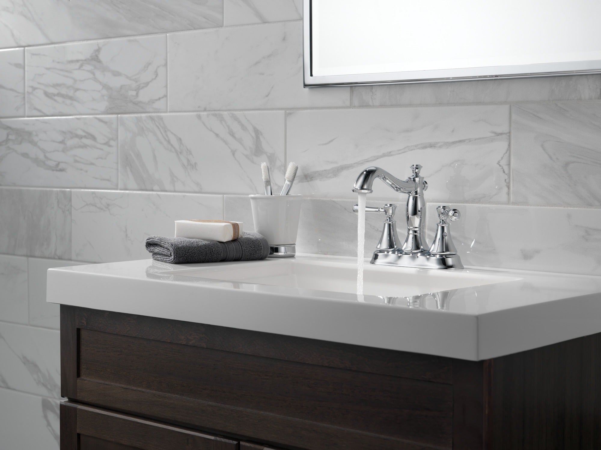 Delta Cassidy® Two Handle Centerset Bathroom Faucet - Metal Pop-Up