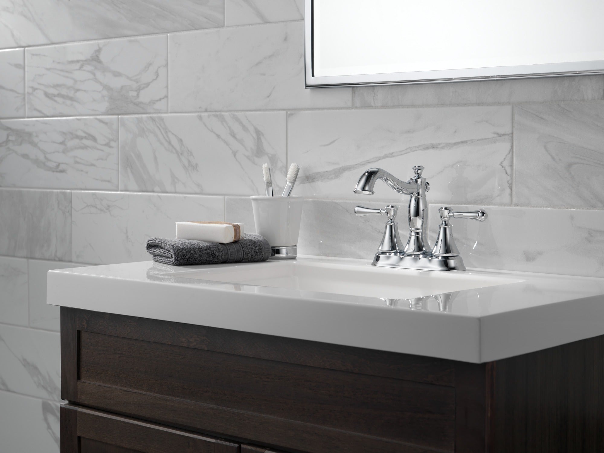 Delta Cassidy® Two Handle Centerset Bathroom Faucet - Metal Pop-Up