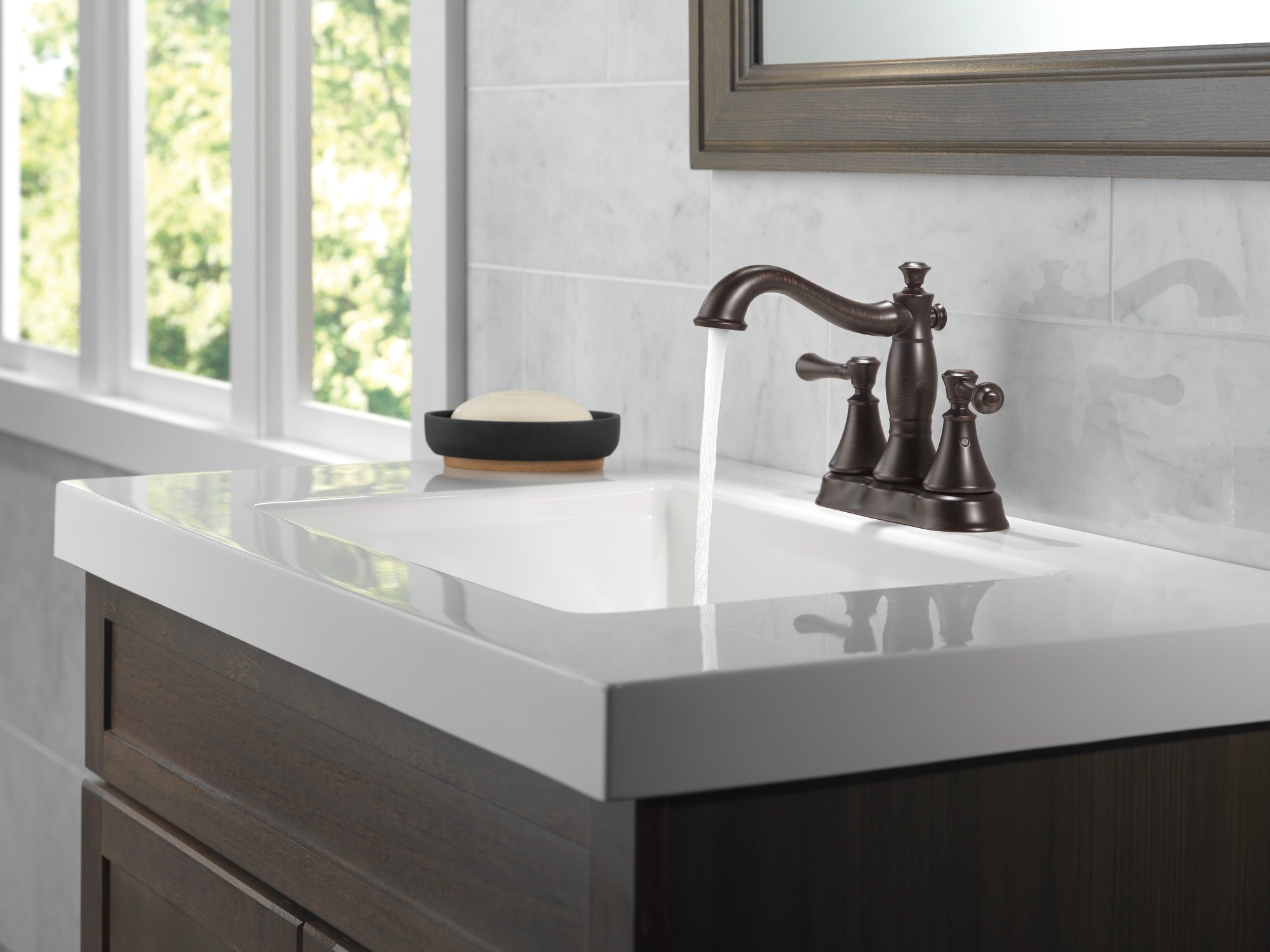 Delta Cassidy® Two Handle Centerset Bathroom Faucet - Metal Pop-Up