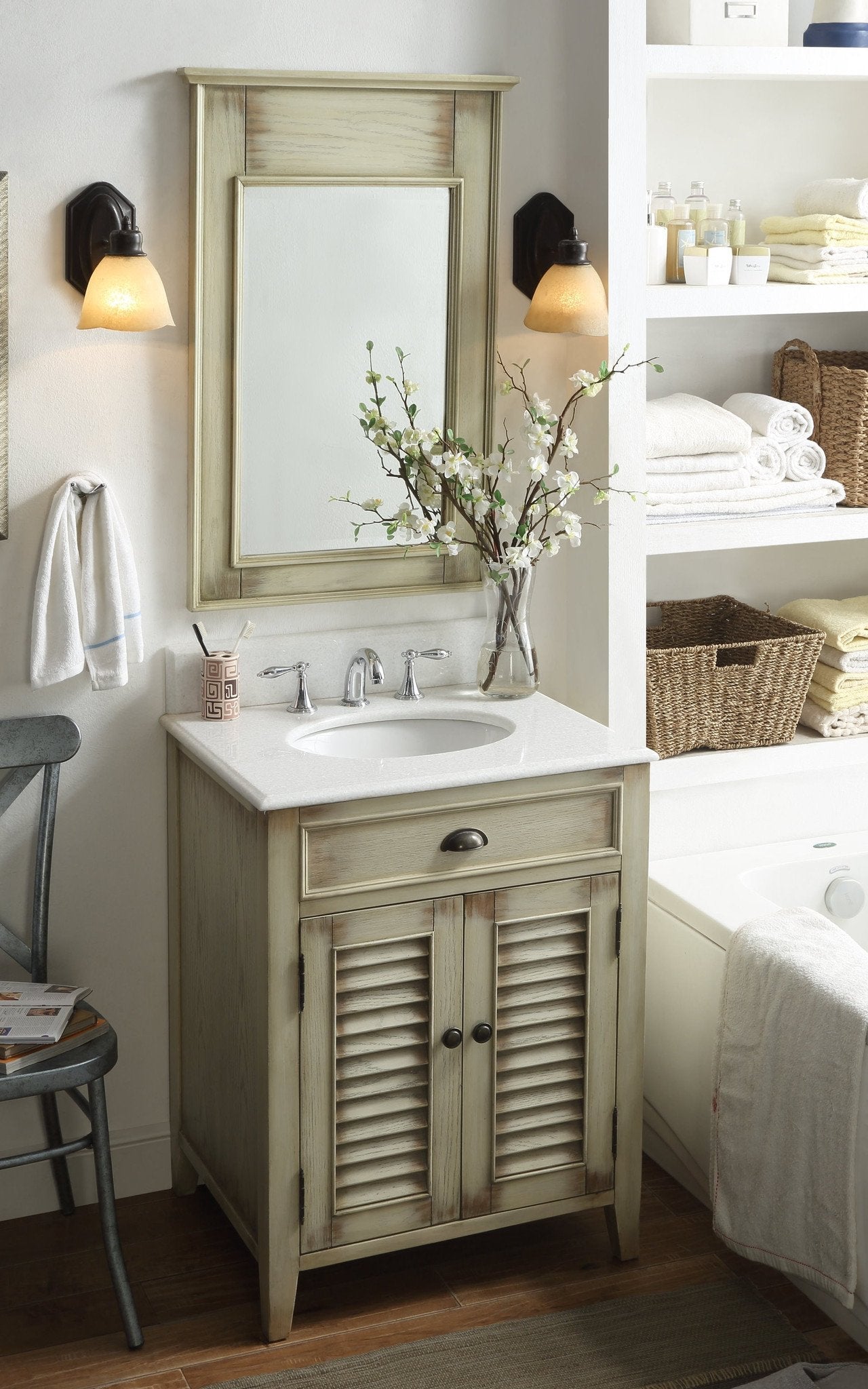 Chans Furniture CF-28323 26 Inch Farmhouse Style Distressed Beige Bathroom Vanity With Marble Top