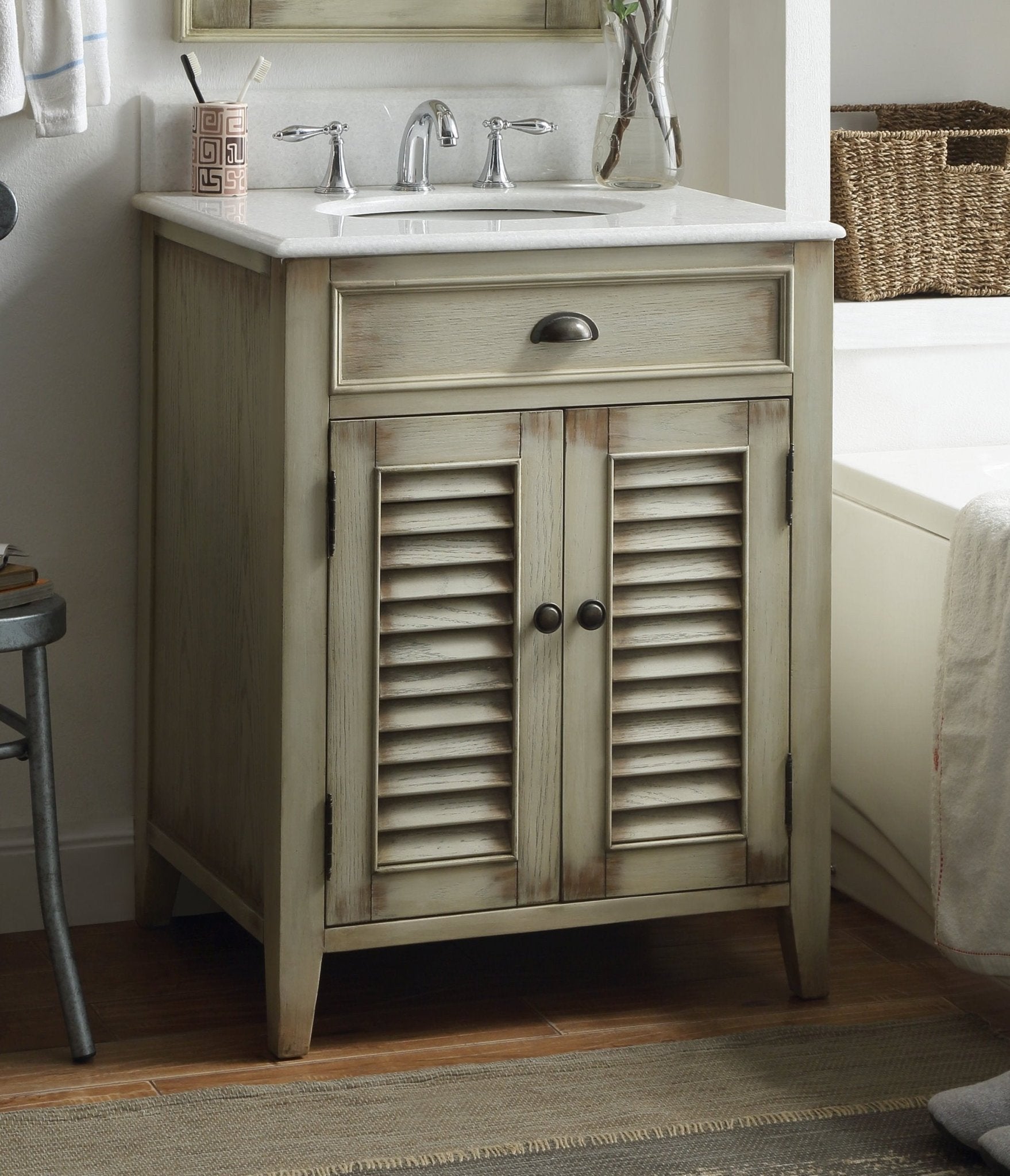 Chans Furniture CF-28323 26 Inch Farmhouse Style Distressed Beige Bathroom Vanity With Marble Top