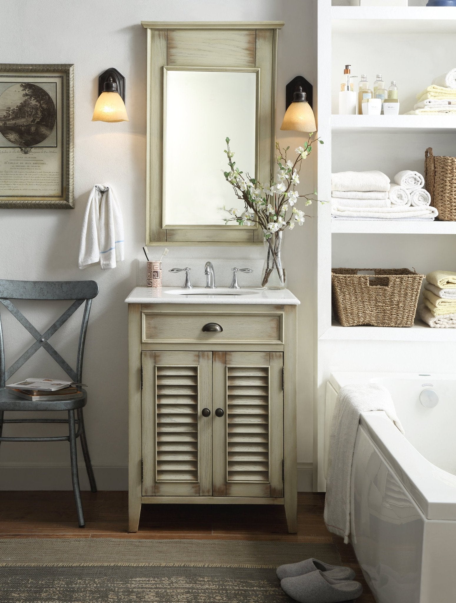 Chans Furniture CF-28323 26 Inch Farmhouse Style Distressed Beige Bathroom Vanity With Marble Top