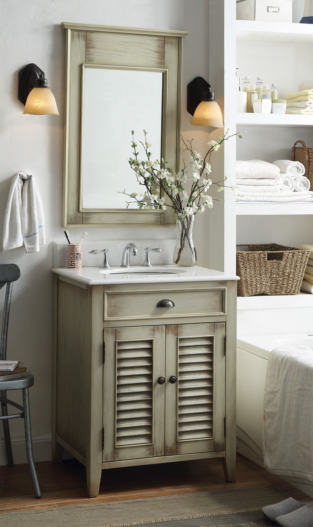 Chans Furniture CF-28323 26 Inch Farmhouse Style Distressed Beige Bathroom Vanity With Marble Top