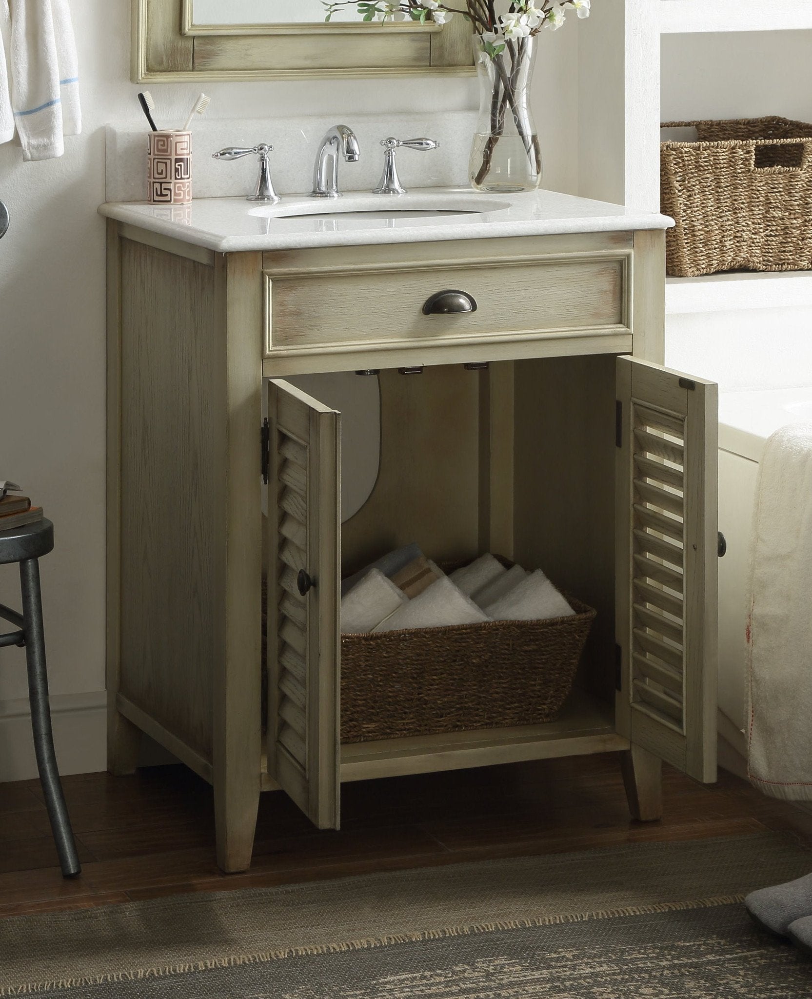Chans Furniture CF-28323 26 Inch Farmhouse Style Distressed Beige Bathroom Vanity With Marble Top