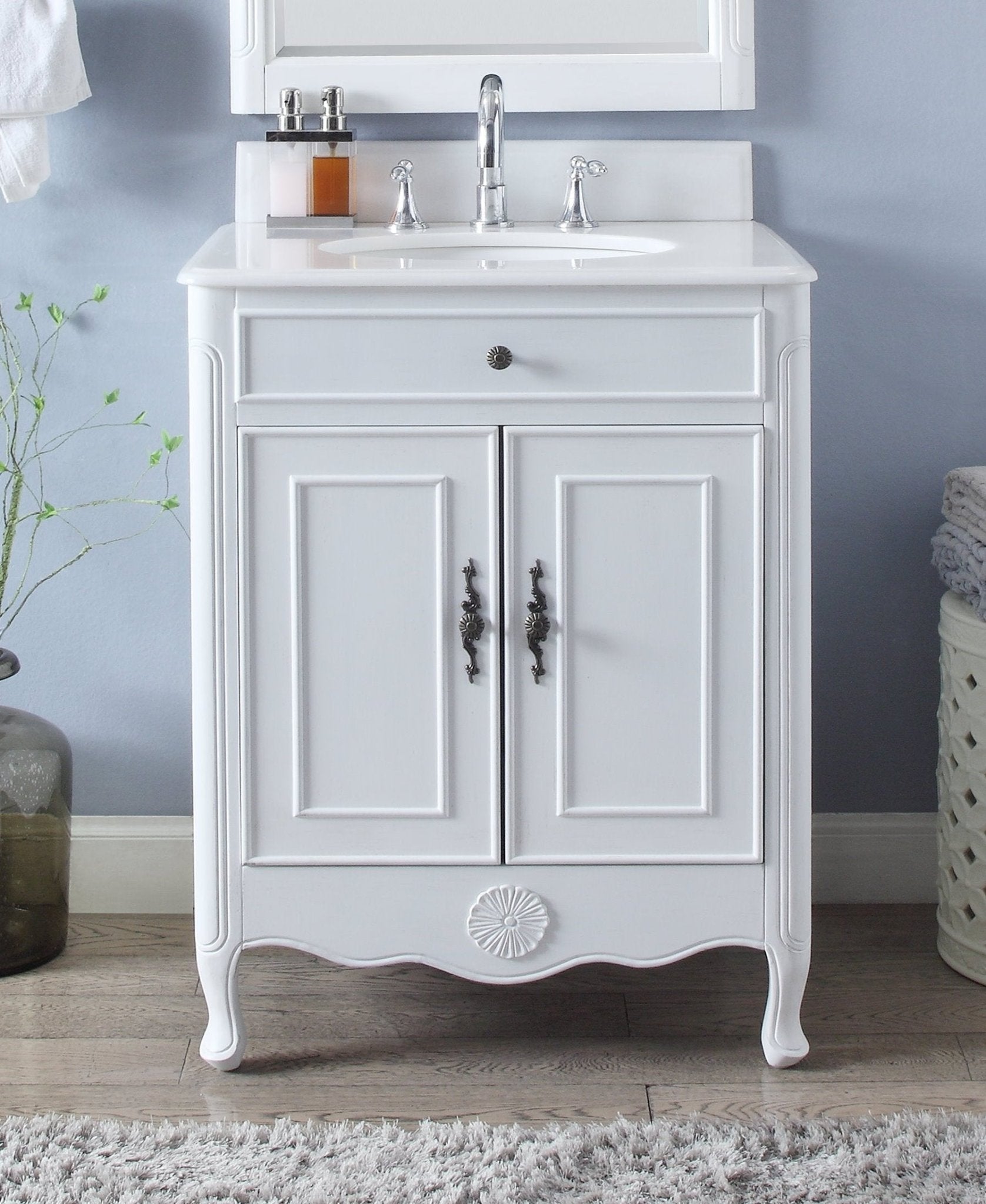 Chans Furniture 838AW 26 Inch Daleville Distressed White Cottage Style Small Bathroom Sink Vanity