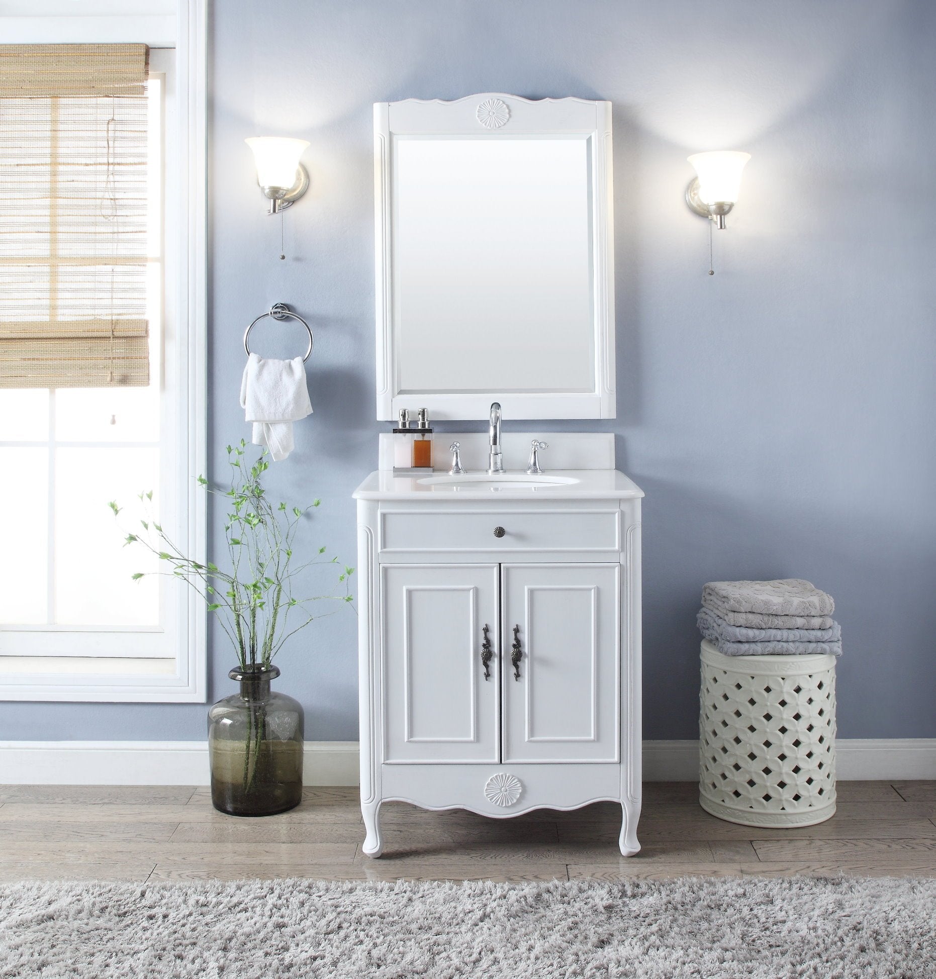 Chans Furniture 838AW 26 Inch Daleville Distressed White Cottage Style Small Bathroom Sink Vanity