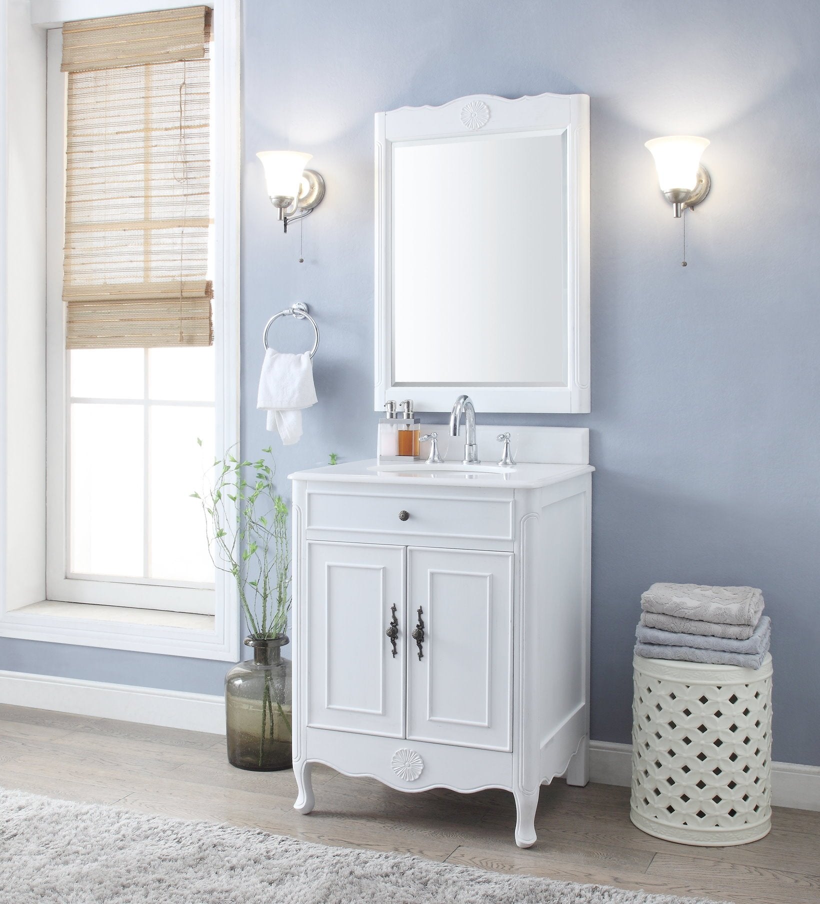 Chans Furniture 838AW 26 Inch Daleville Distressed White Cottage Style Small Bathroom Sink Vanity