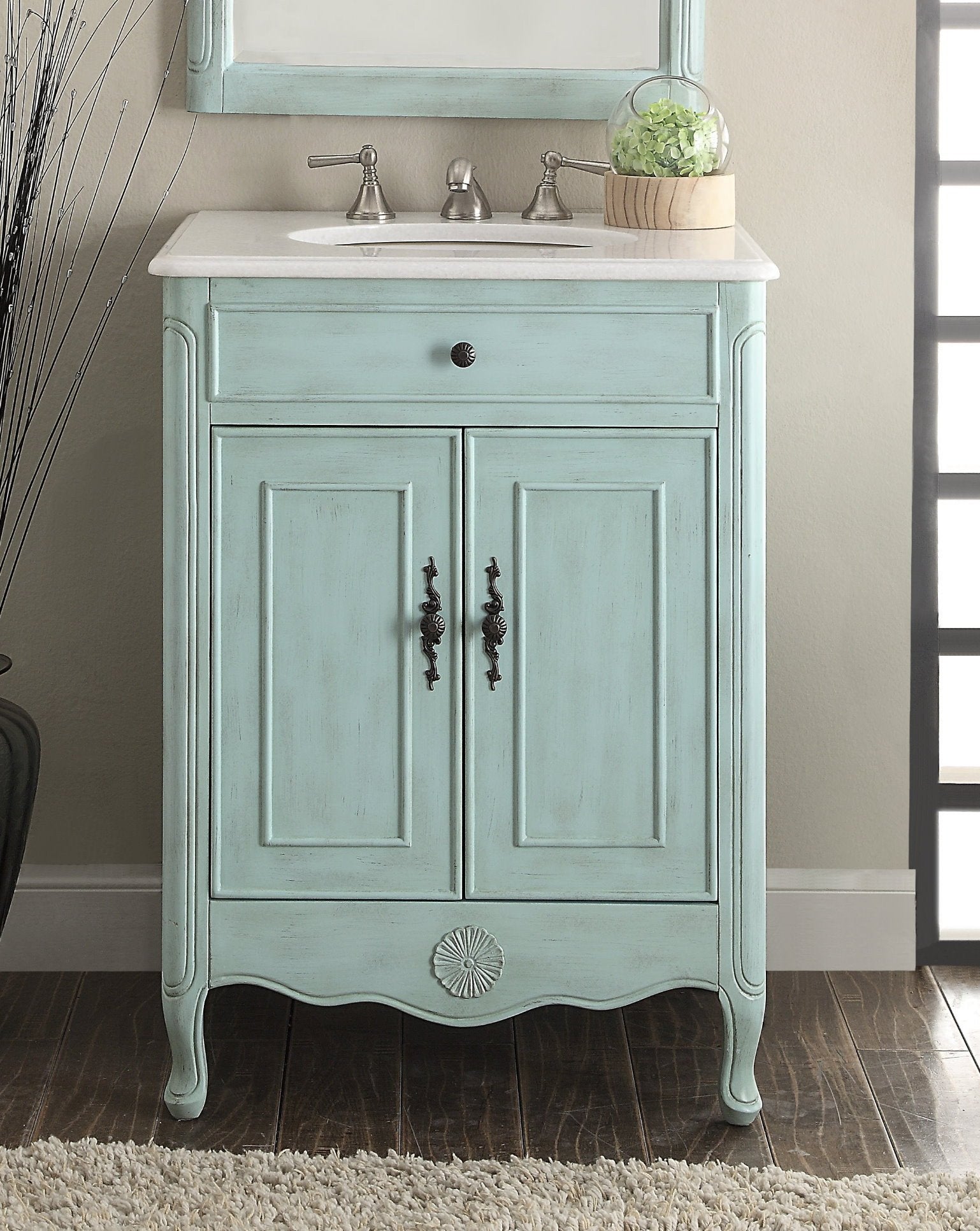 Chans Furniture 838LB 26 Inch Daleville Distressed Light Blue Cottage Style Small Bathroom Sink Vanity