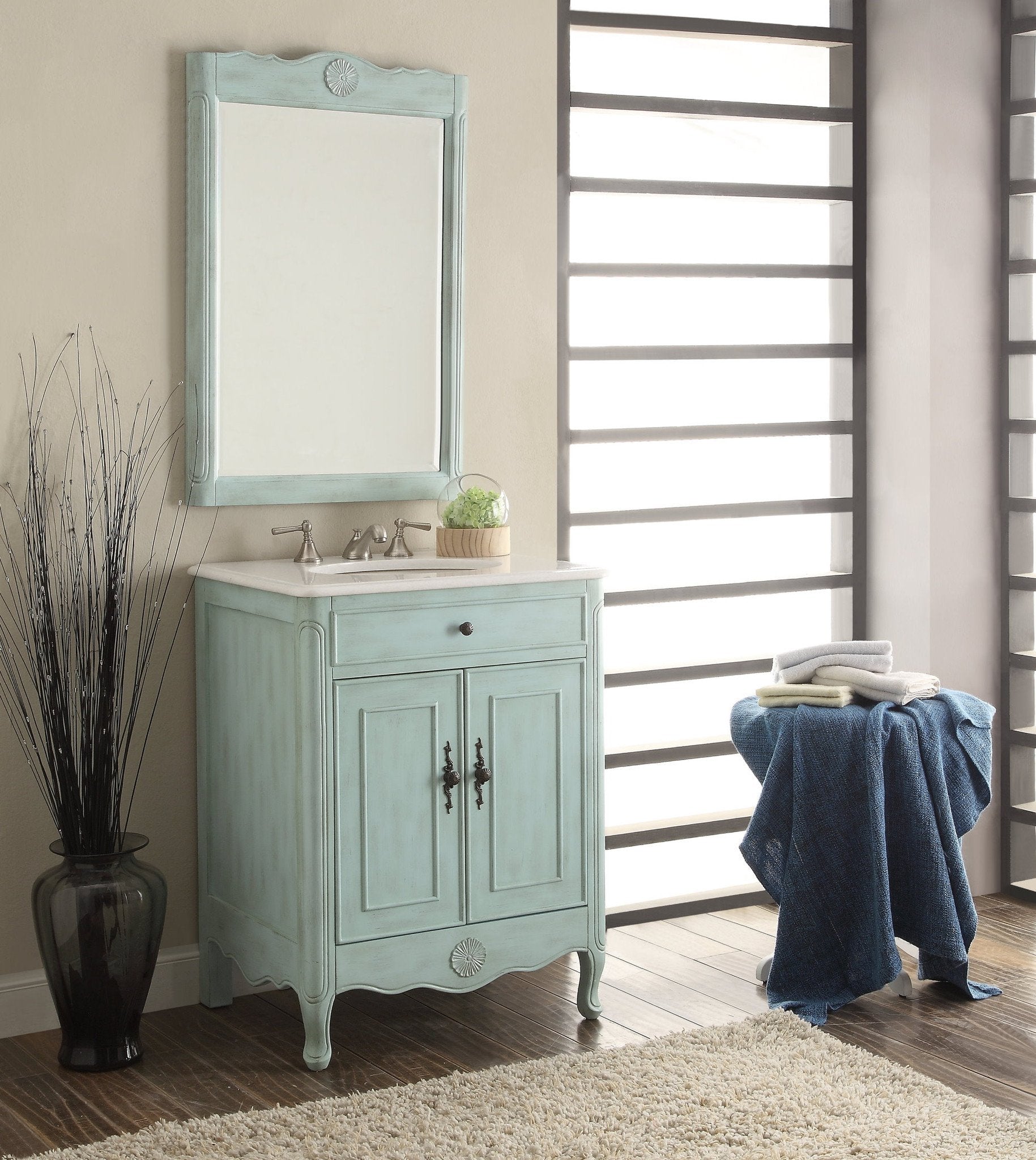 Chans Furniture 838LB 26 Inch Daleville Distressed Light Blue Cottage Style Small Bathroom Sink Vanity
