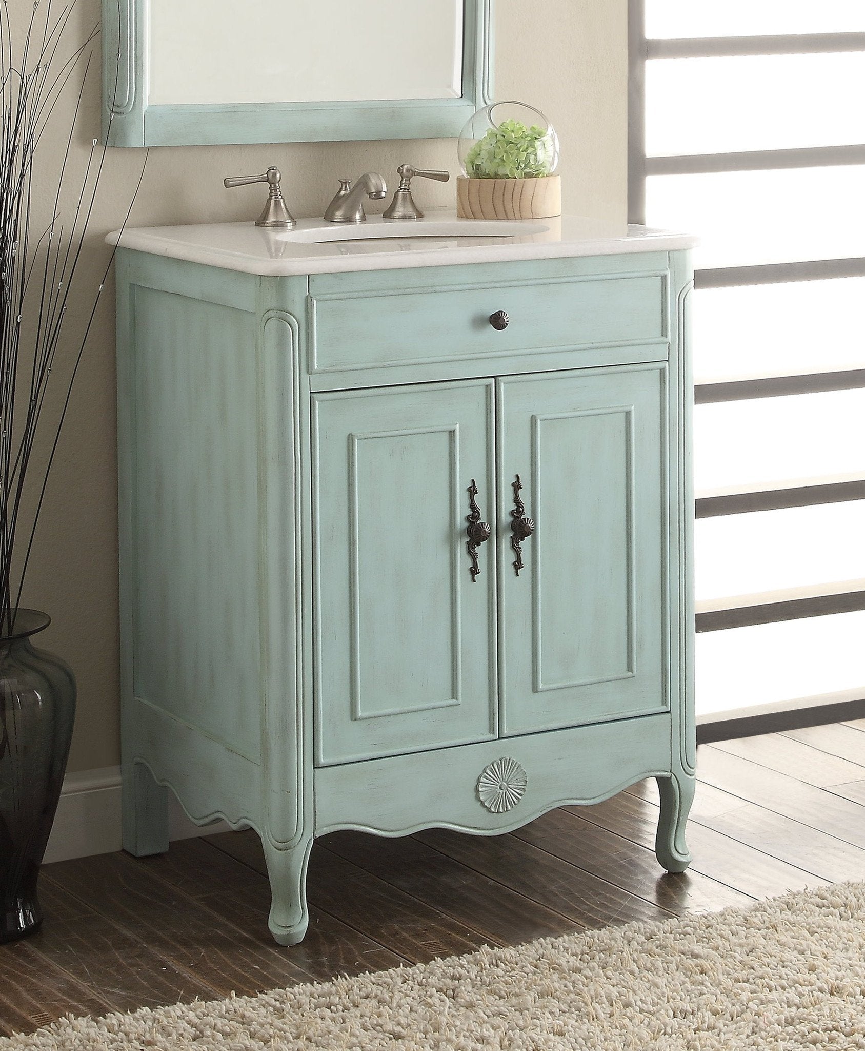 Chans Furniture 838LB 26 Inch Daleville Distressed Light Blue Cottage Style Small Bathroom Sink Vanity
