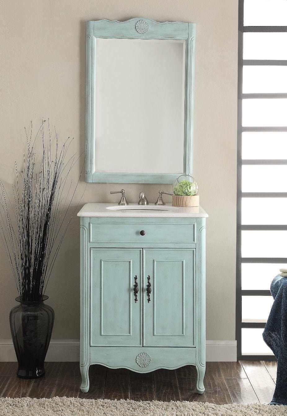 Chans Furniture 838LB 26 Inch Daleville Distressed Light Blue Cottage Style Small Bathroom Sink Vanity