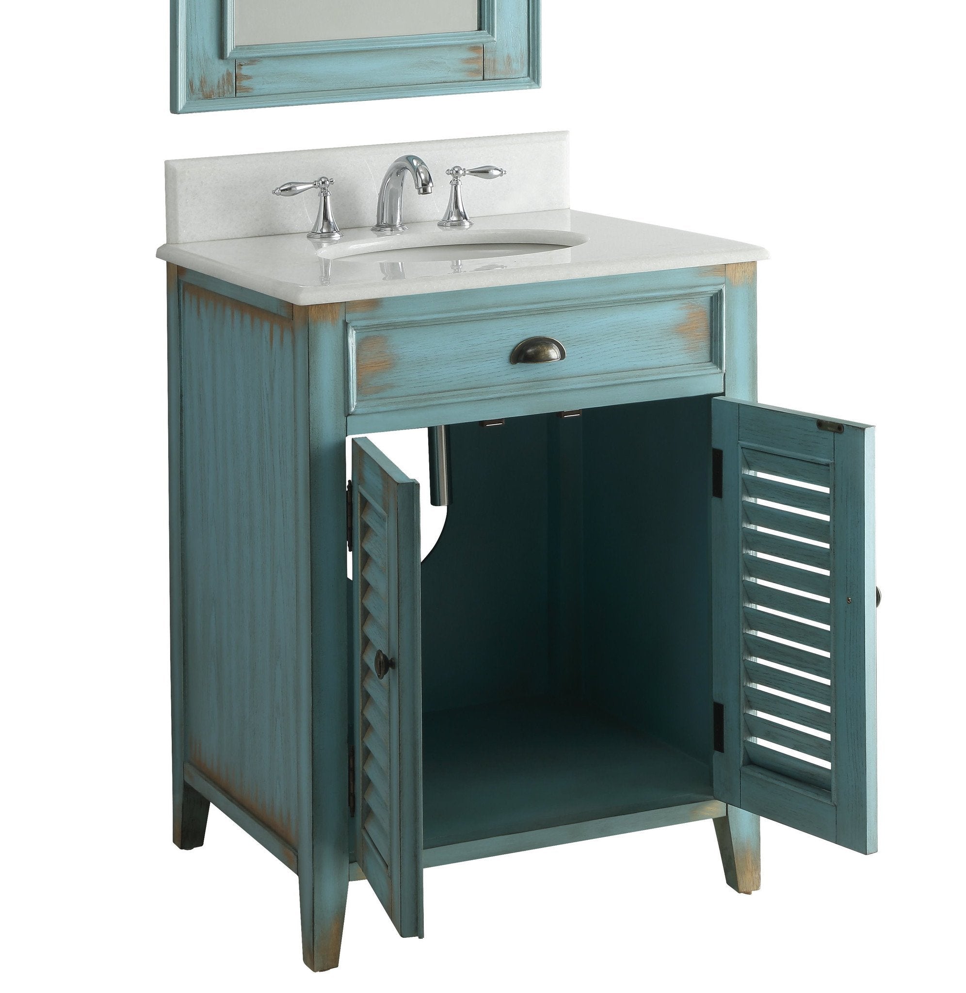 Chans Furniture CF-28883BU 26 Inch Abbeville Farmhouse Style Distressed Blue Bathroom Vanity With Marble Top