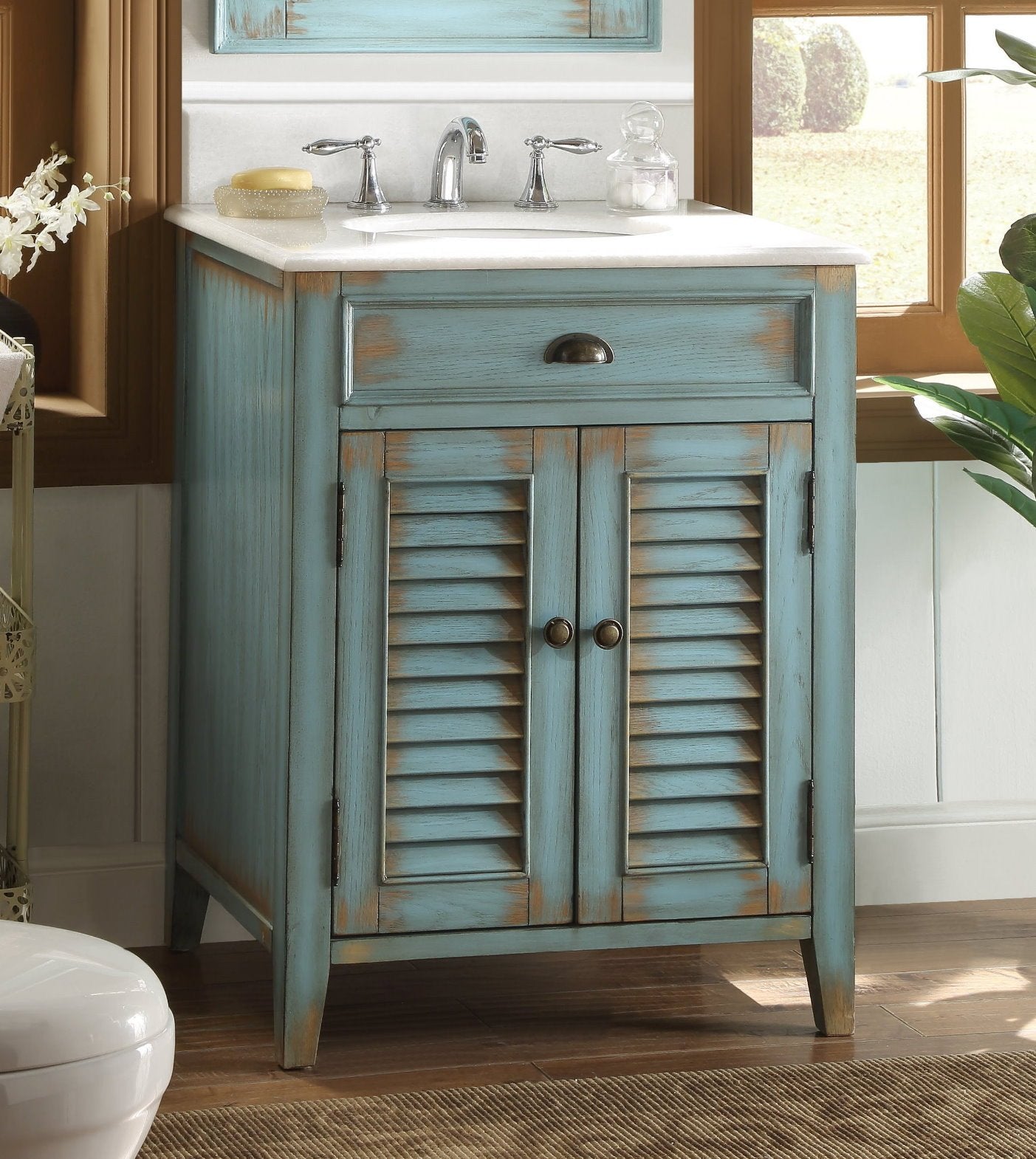 Chans Furniture CF-28883BU 26 Inch Abbeville Farmhouse Style Distressed Blue Bathroom Vanity With Marble Top
