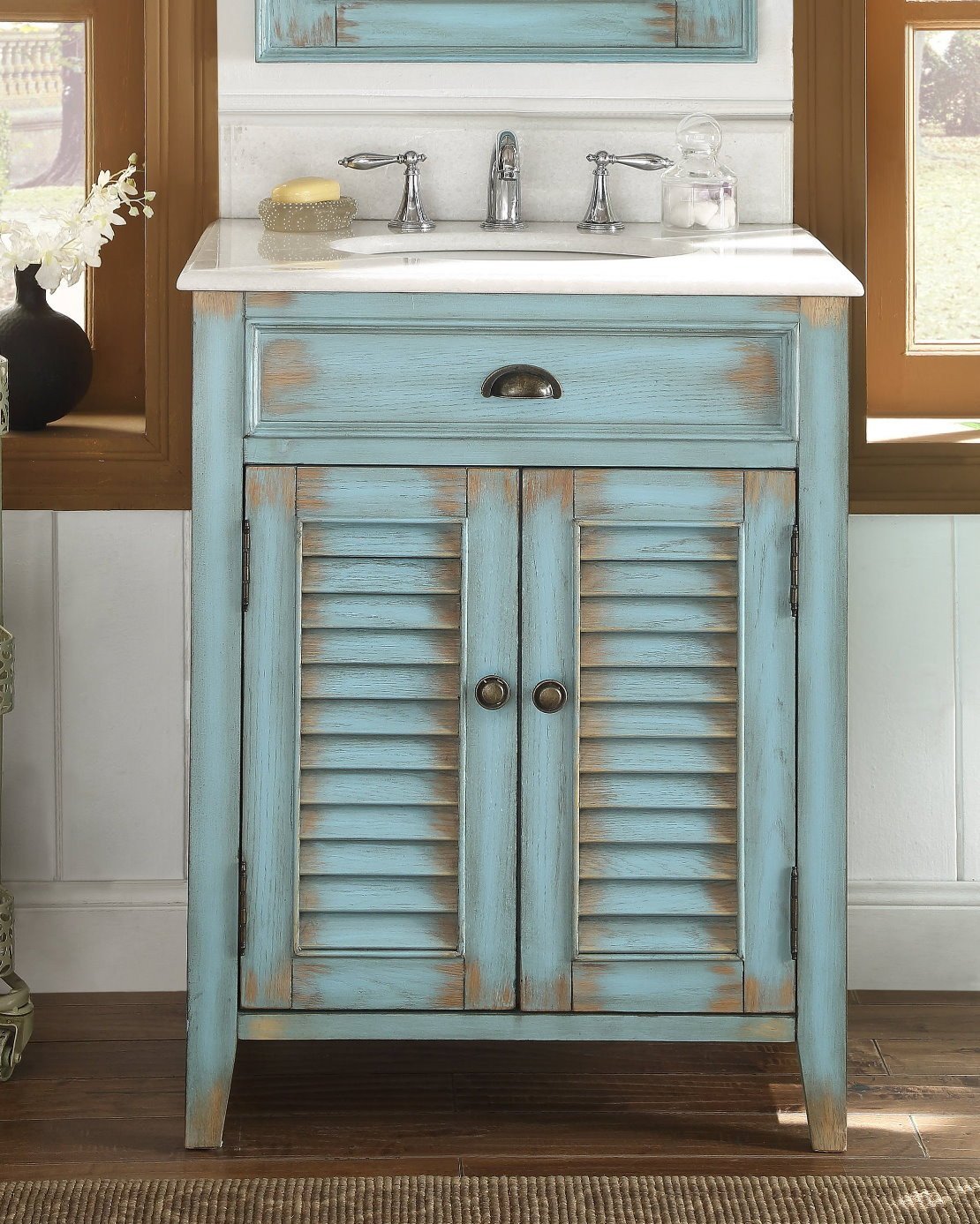 Chans Furniture CF-28883BU 26 Inch Abbeville Farmhouse Style Distressed Blue Bathroom Vanity With Marble Top