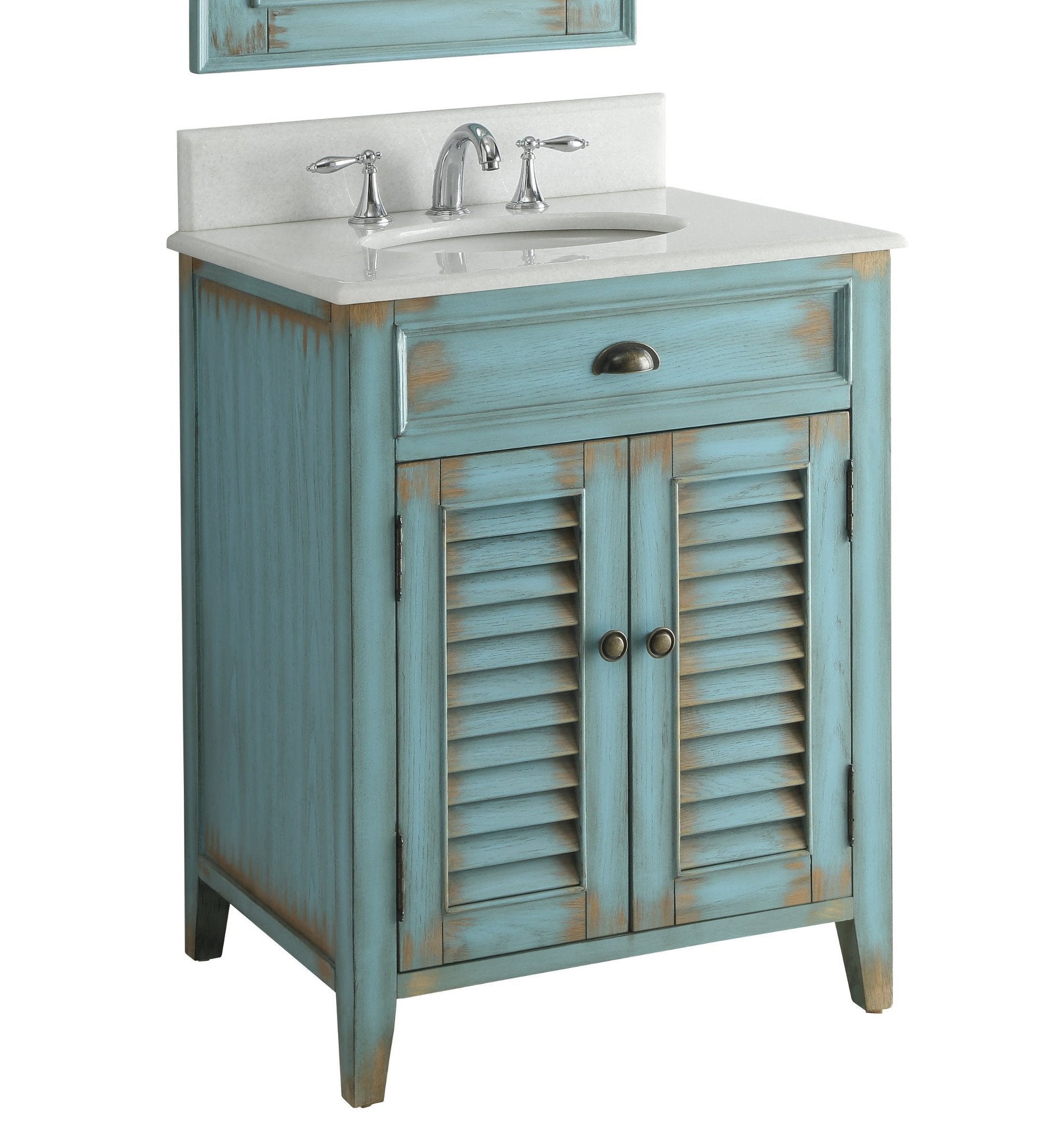 Chans Furniture CF-28883BU 26 Inch Abbeville Farmhouse Style Distressed Blue Bathroom Vanity With Marble Top