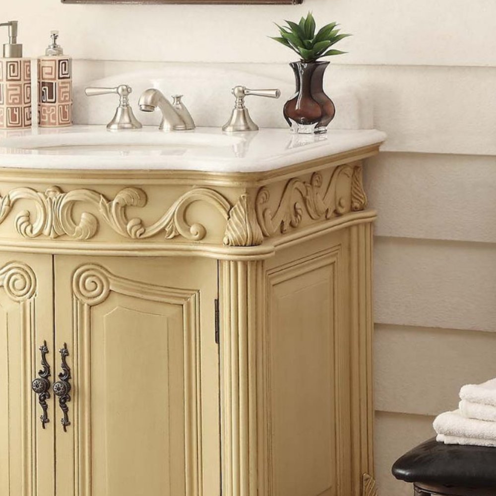 Chans Furniture BC-2917W-LT 27 Hayman Distressed Creamy Beige Classic Style Old Fashioned Bathroom Vanity With White Marble Top