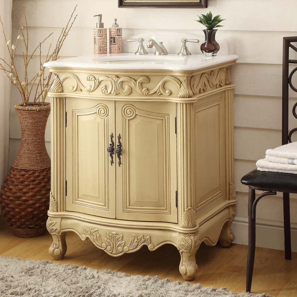 Chans Furniture BC-2917W-LT 27 Hayman Distressed Creamy Beige Classic Style Old Fashioned Bathroom Vanity With White Marble Top