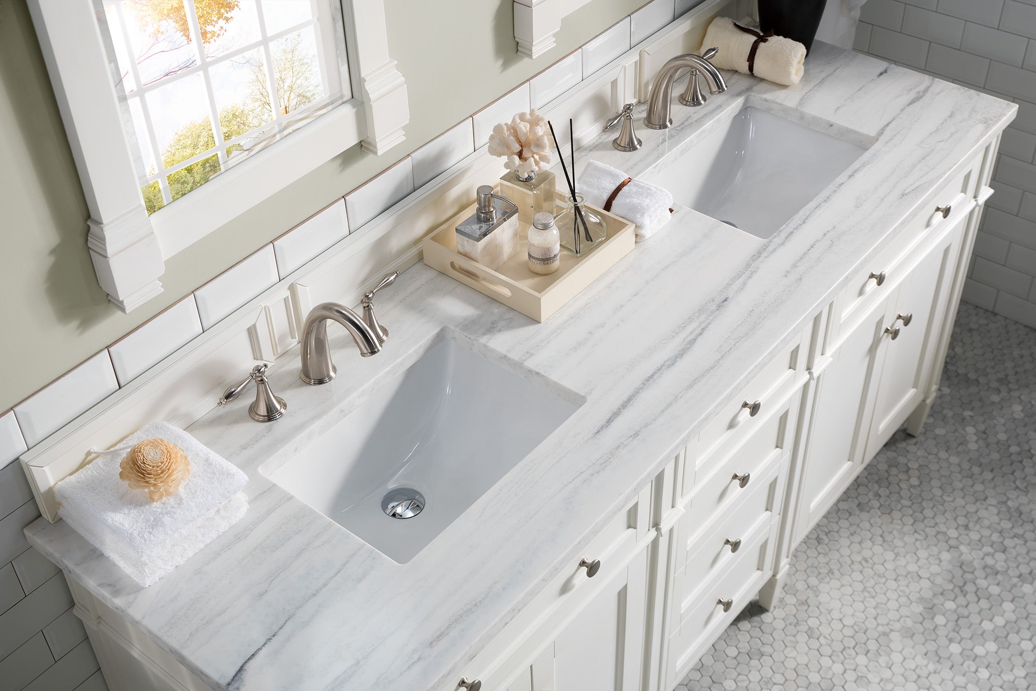 James Martin Brittany 72" Double Vanity in Bright White with 3cm Countertop