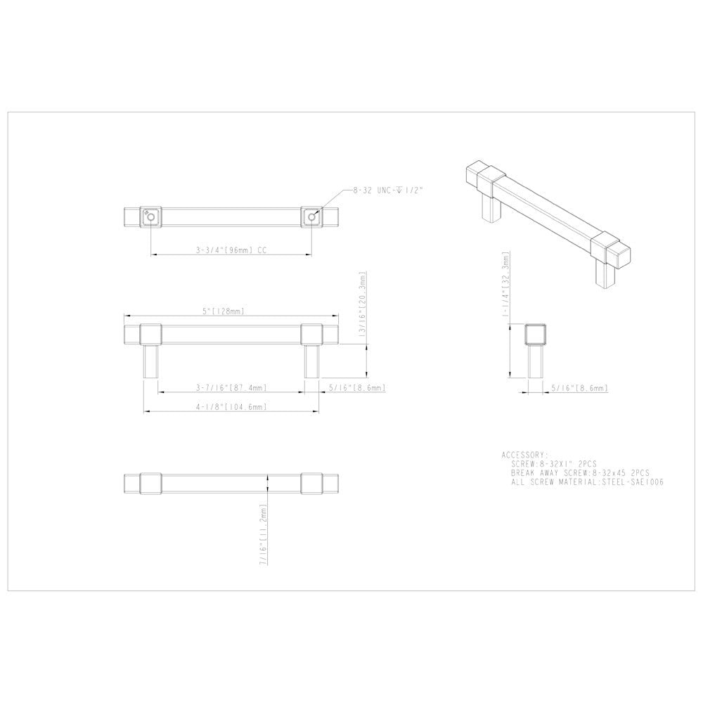 Hardware Resources 96 mm Center-to-Center Satin Nickel Square Zane Cabinet Pull