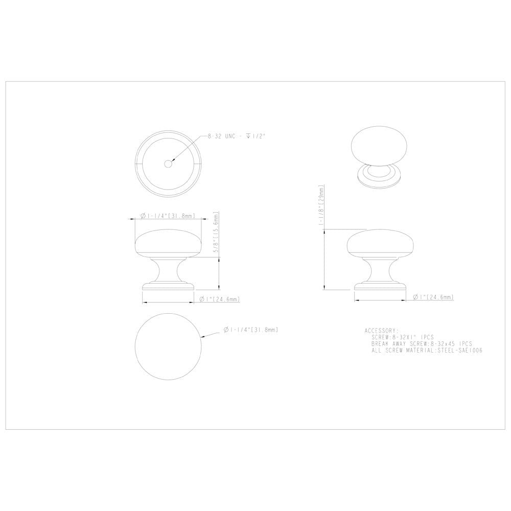 Hardware Resources 1-1/4" Diameter Satin Nickel Florence Cabinet Mushroom Knob