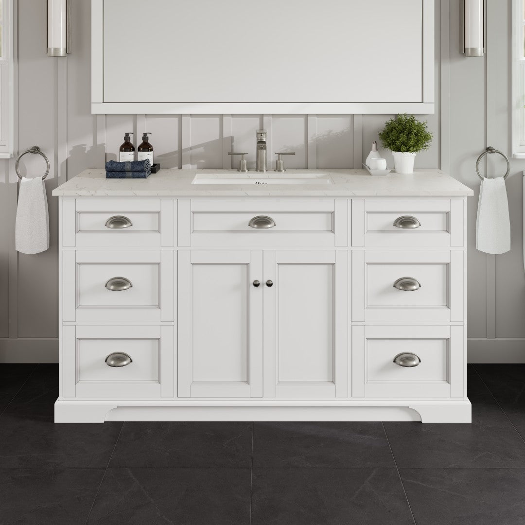 Eviva Epic Bath Vanity with Carrara Quartz Top and Undermount Porcelain Sinks (48"-100")