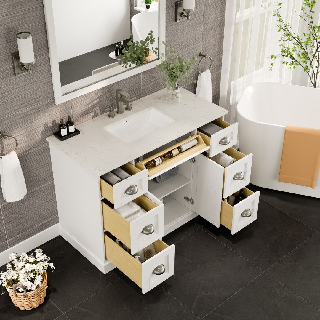 Eviva Epic Bath Vanity with Carrara Quartz Top and Undermount Porcelain Sinks (48"-100")