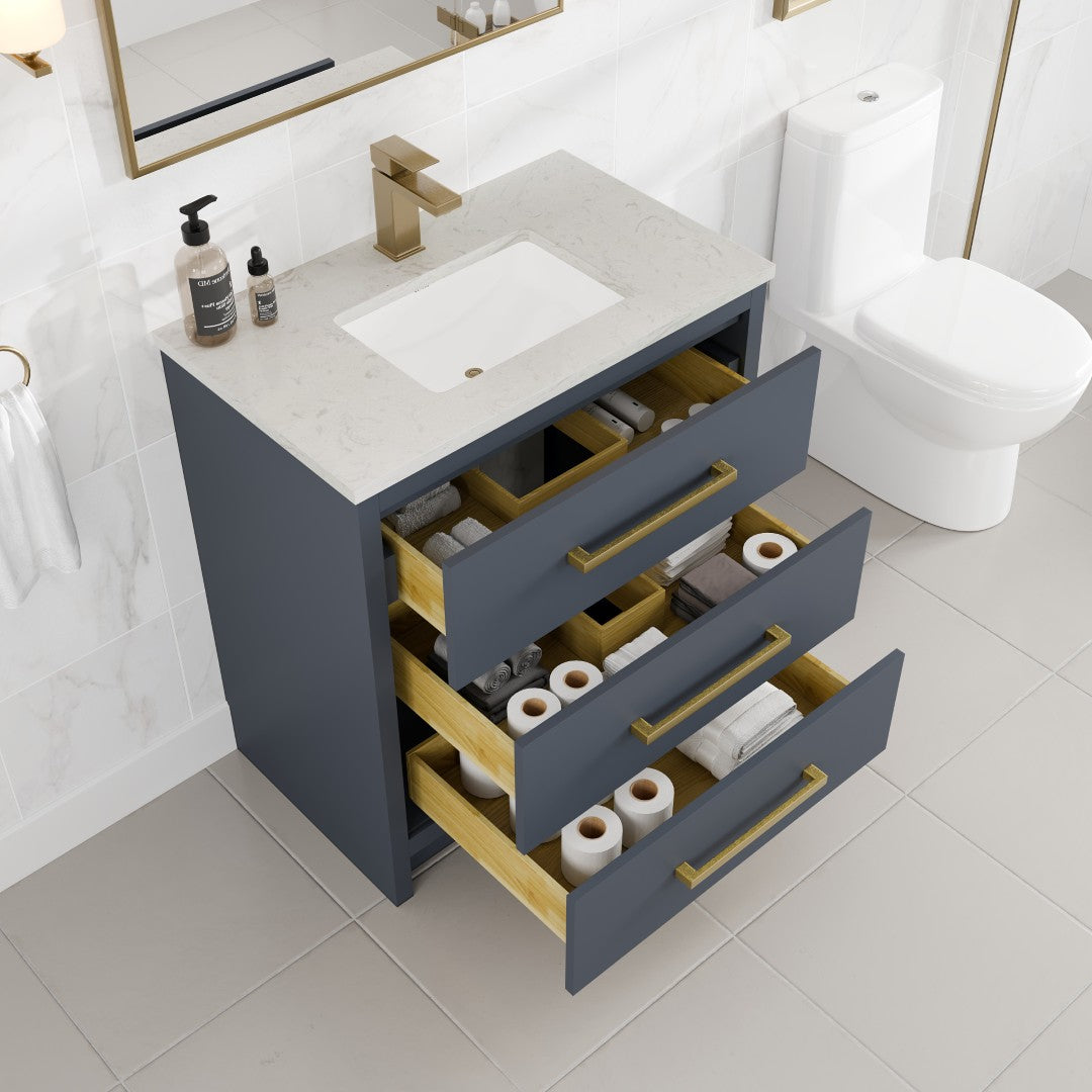 Eviva Curio Bath Vanity with Carrara Quartz Top and Undermount Porcelain Sink (24"-60")