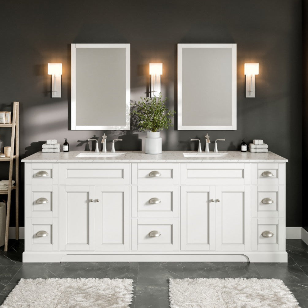 Eviva Epic Bath Vanity with Carrara Quartz Top and Undermount Porcelain Sinks (48"-100")