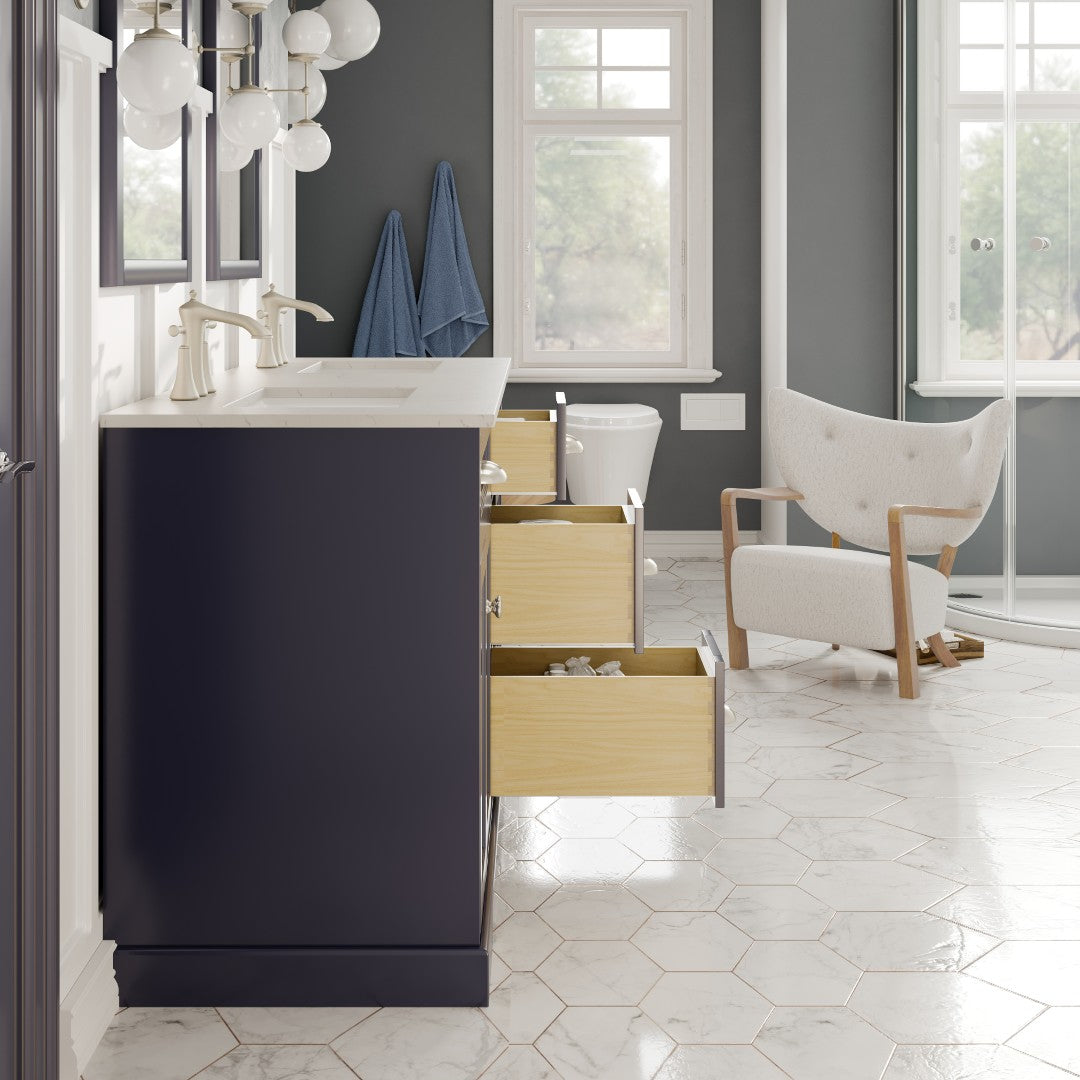 Eviva Epic Bath Vanity with Carrara Quartz Top and Undermount Porcelain Sinks (48"-100")