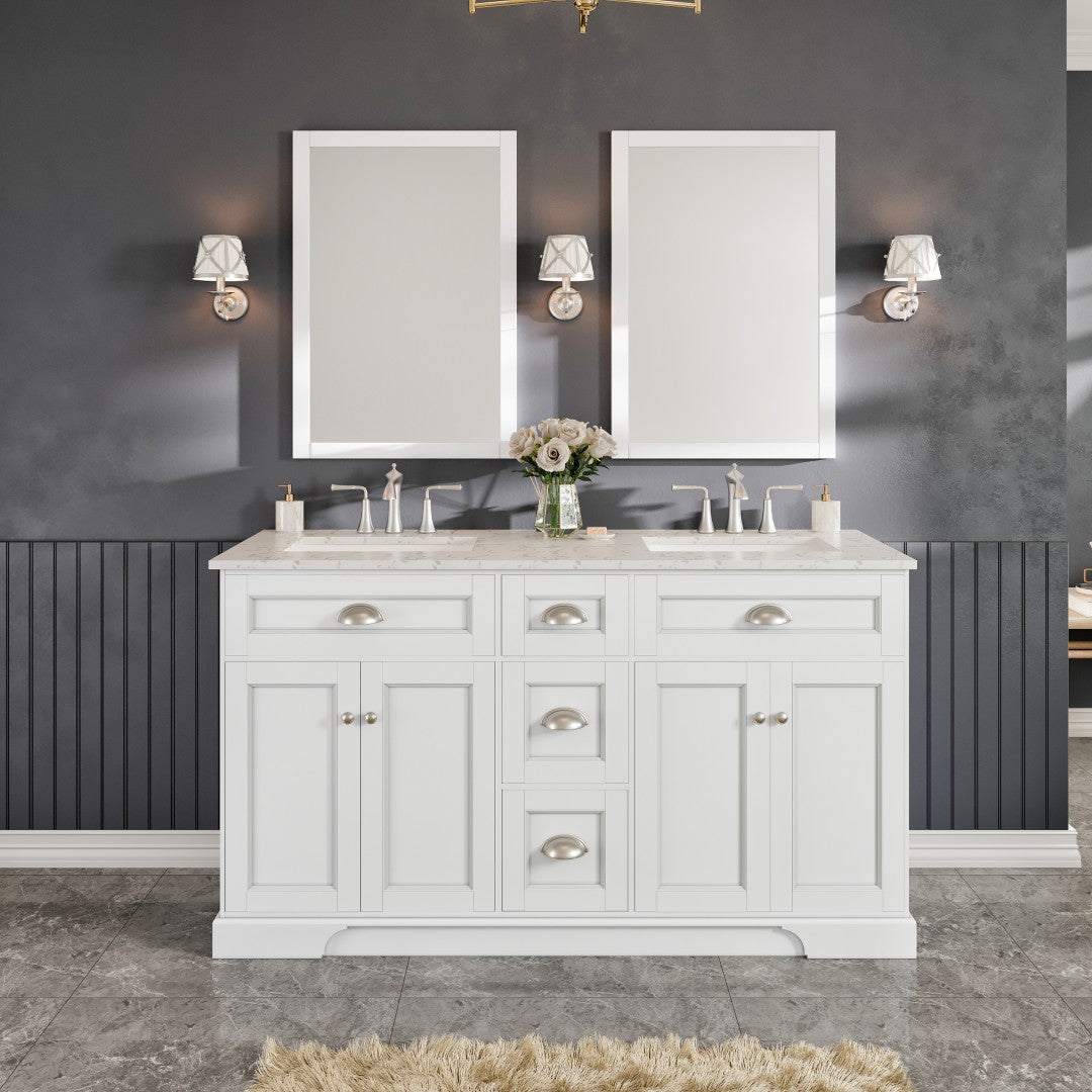 Eviva Epic Bath Vanity with Carrara Quartz Top and Undermount Porcelain Sinks (48"-100")