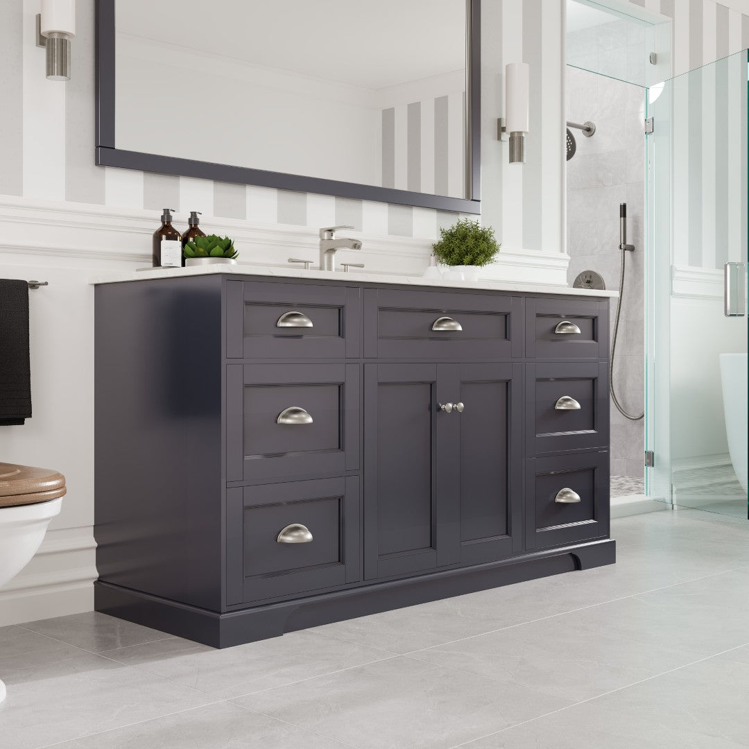 Eviva Epic Bath Vanity with Carrara Quartz Top and Undermount Porcelain Sinks (48"-100")