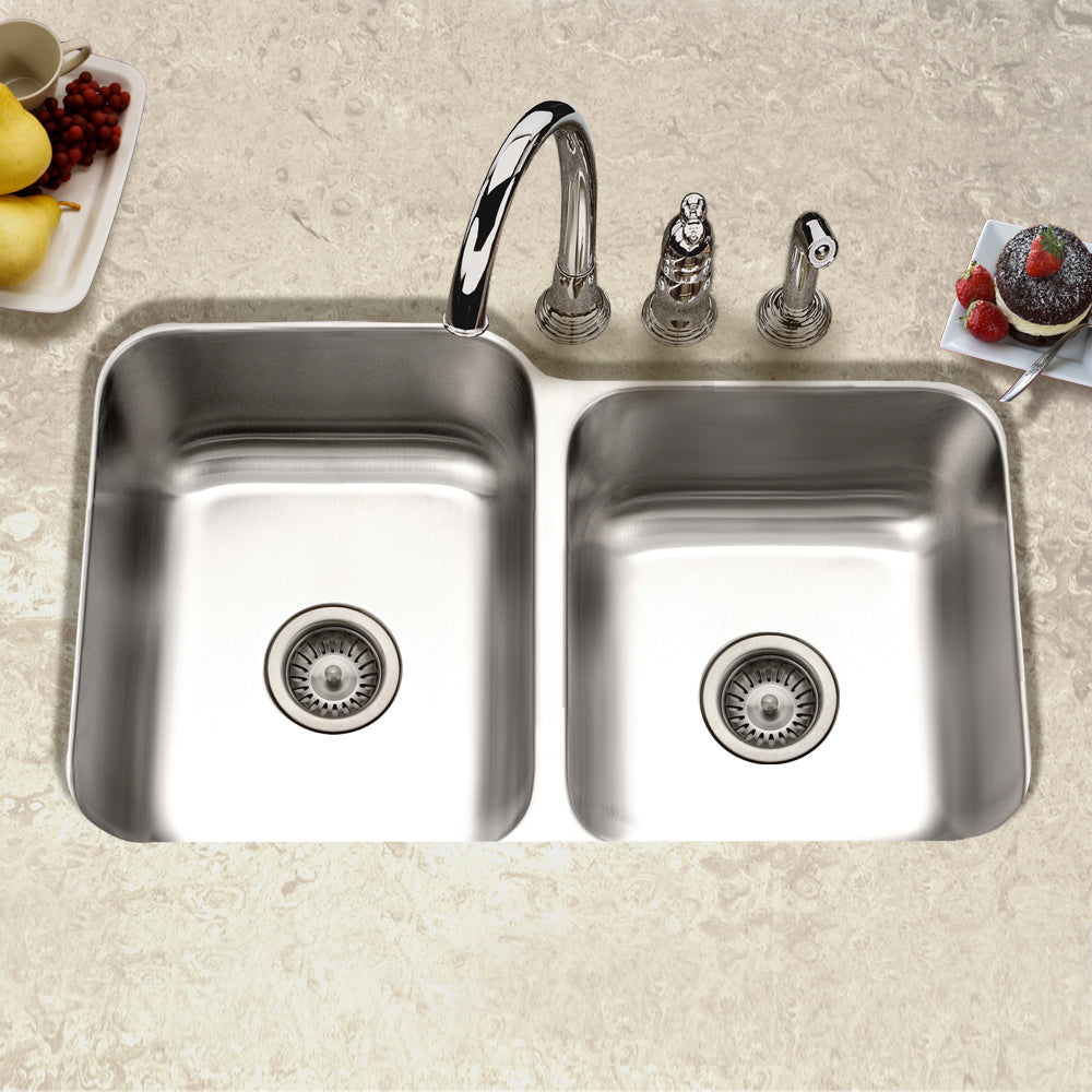 Houzer Elite 32" Stainless Steel Undermount 60/40 Double Small Right Bowl Kitchen Sink with Strainer