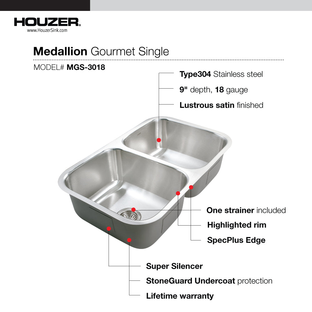 Houzer Medallion Gourmet 31" Stainless Steel Undermount 50/50 Double Bowl Kitchen Sink with Strainer