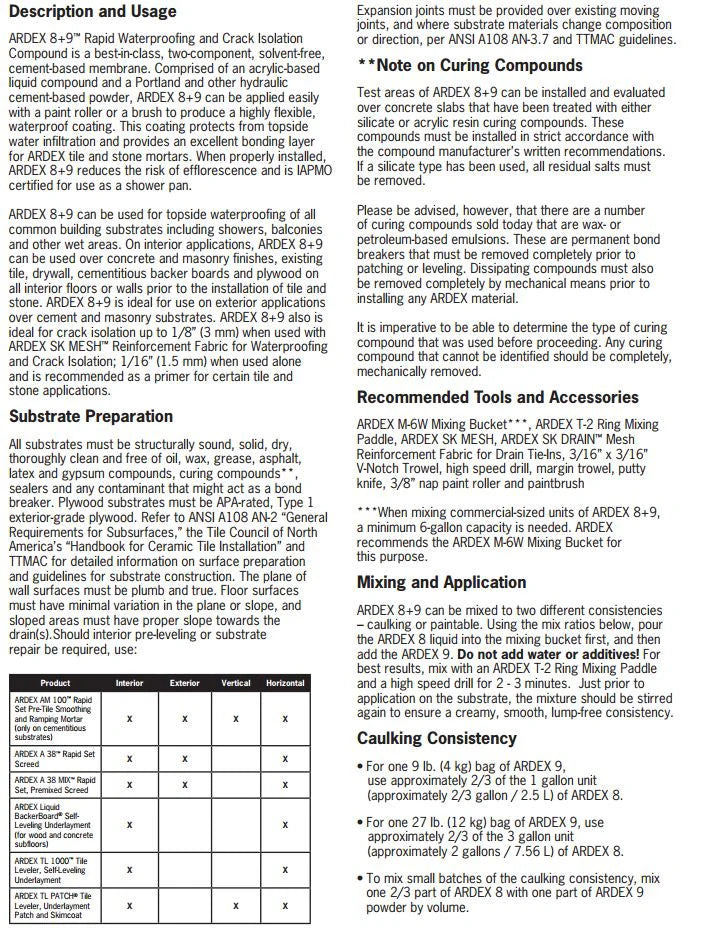 Ardex 8+9 Rapid Waterproofing and Crack Isolation Compound