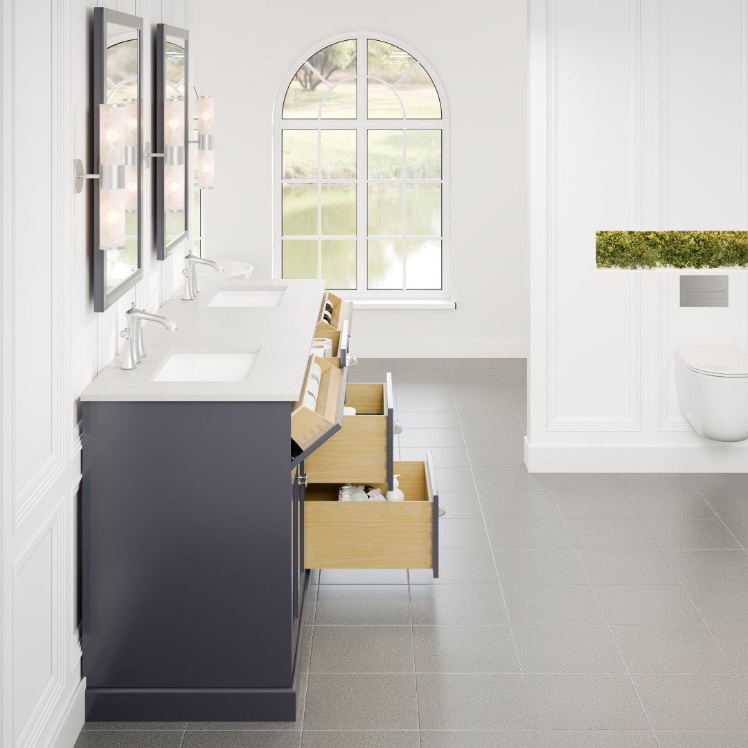 Eviva Epic Bath Vanity with Carrara Quartz Top and Undermount Porcelain Sinks (48"-100")