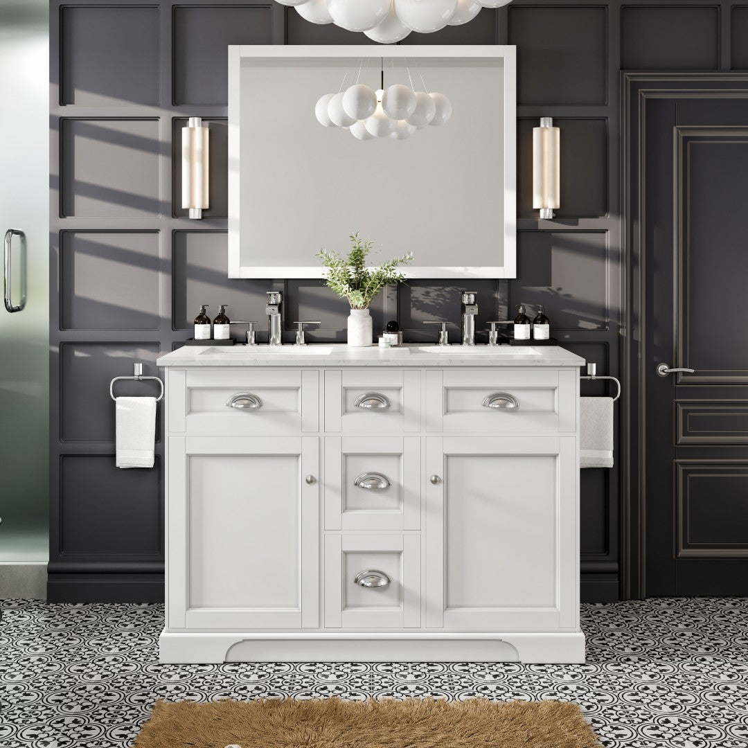 Eviva Epic Bath Vanity with Carrara Quartz Top and Undermount Porcelain Sinks (48"-100")