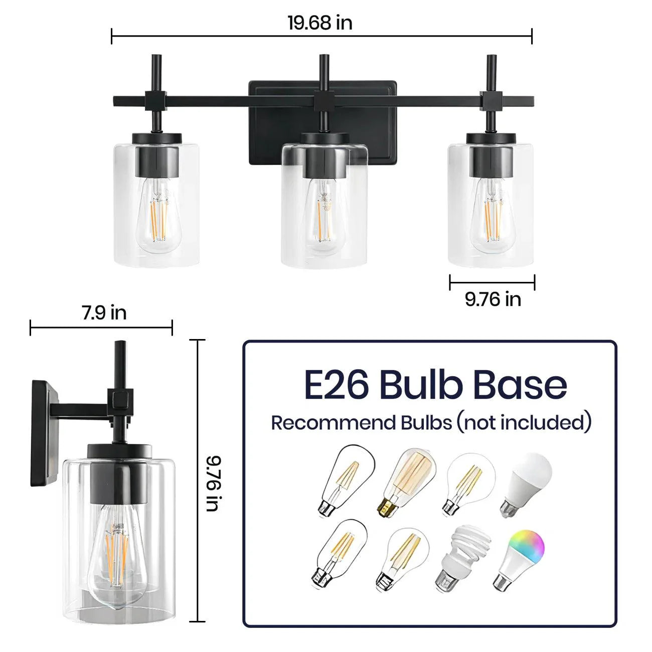 Jasper 3-Light Modern Clear Glass Bathroom Vanity Light, Black & Nickel