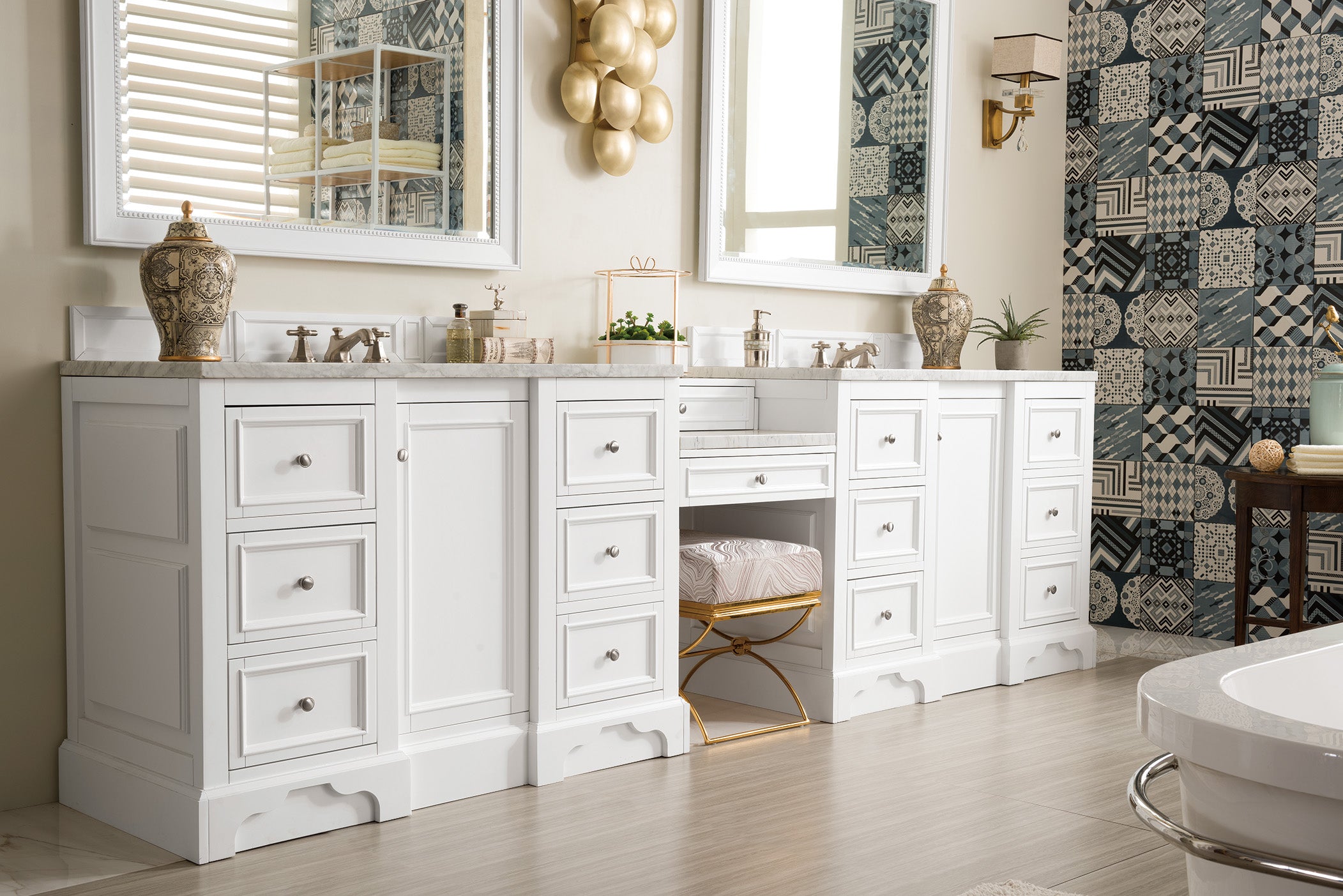 James Martin De Soto 118" Double Vanity Set in Bright White with 3cm Countertop