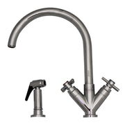 Luxe+ Dual Handle Faucet with Gooseneck Swivel Spout, "V" Cross Style Handles and Solid Brass Side Spray