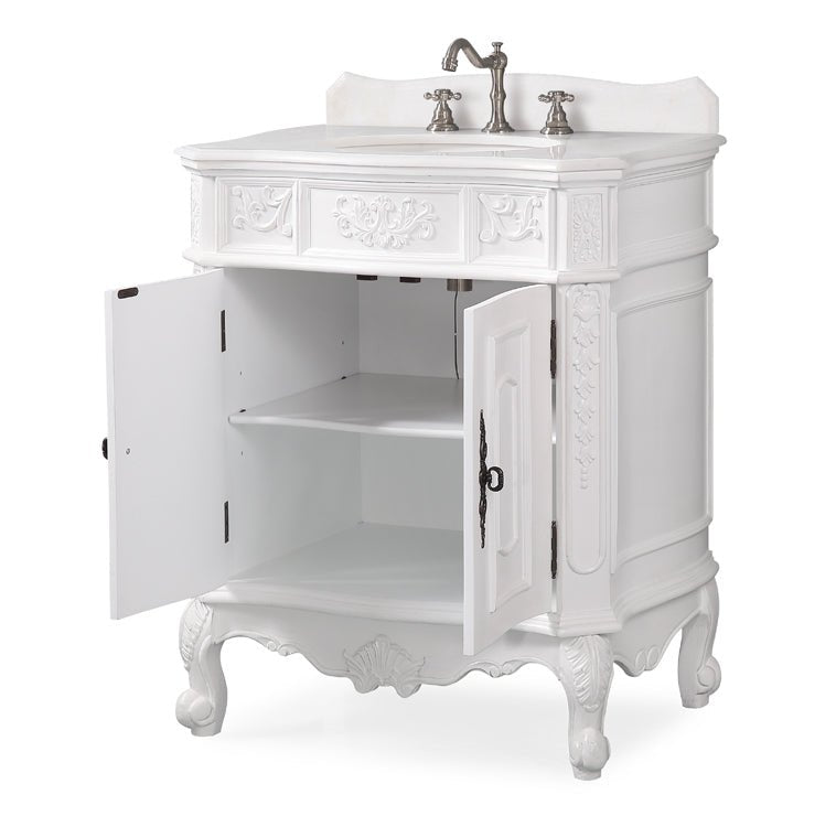 Chans Furniture ZK-080W-AW 30 Inch Antique Style Old Timer Classic White Ellenton Bathroom Sink Vanity