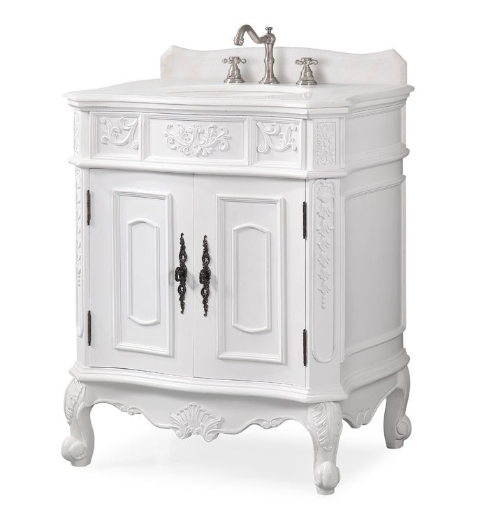 Chans Furniture ZK-080W-AW 30 Inch Antique Style Old Timer Classic White Ellenton Bathroom Sink Vanity