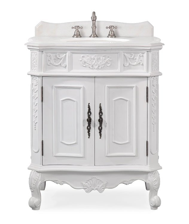 Chans Furniture ZK-080W-AW 30 Inch Antique Style Old Timer Classic White Ellenton Bathroom Sink Vanity