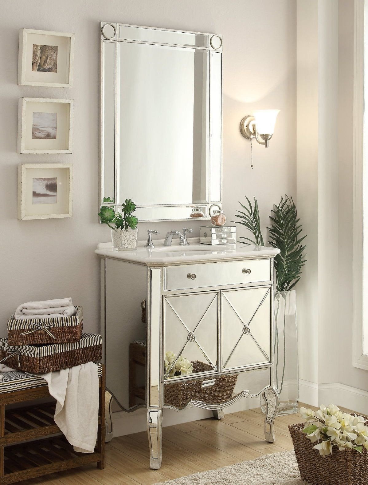 Chans Furniture BC-506SL-RA 30" inch Adelisa Mirrored Bathroom Vanity with Italian Carrara Marble Countertop