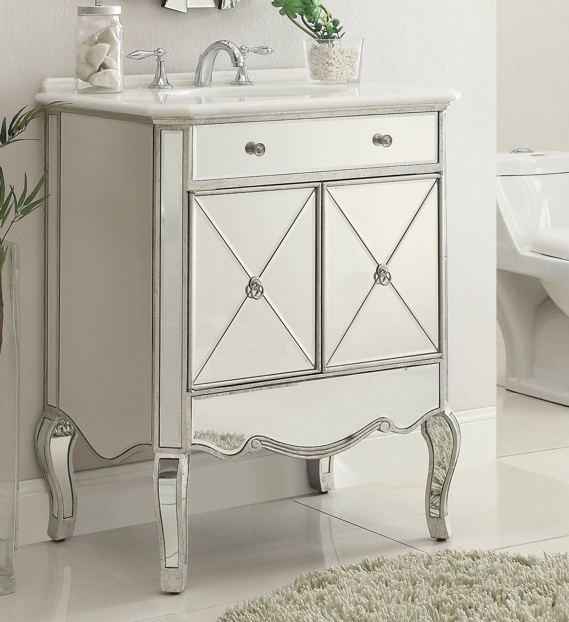 Chans Furniture BC-506SL-RA 30" inch Adelisa Mirrored Bathroom Vanity with Italian Carrara Marble Countertop