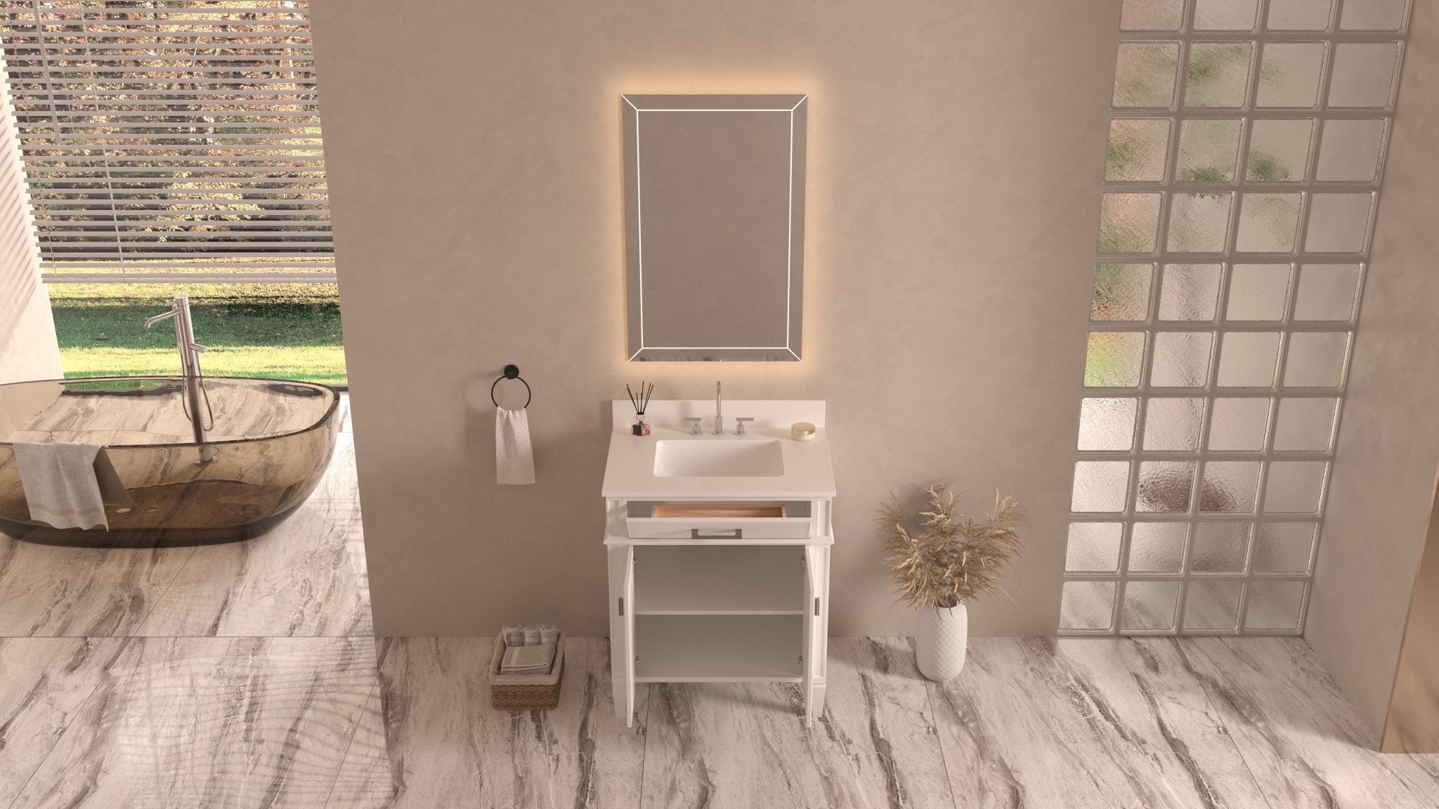Chans Furniture QT-2808-V30WL 30 Inch Durand Modern White Bathroom Sink Vanity with Stone Counter Top