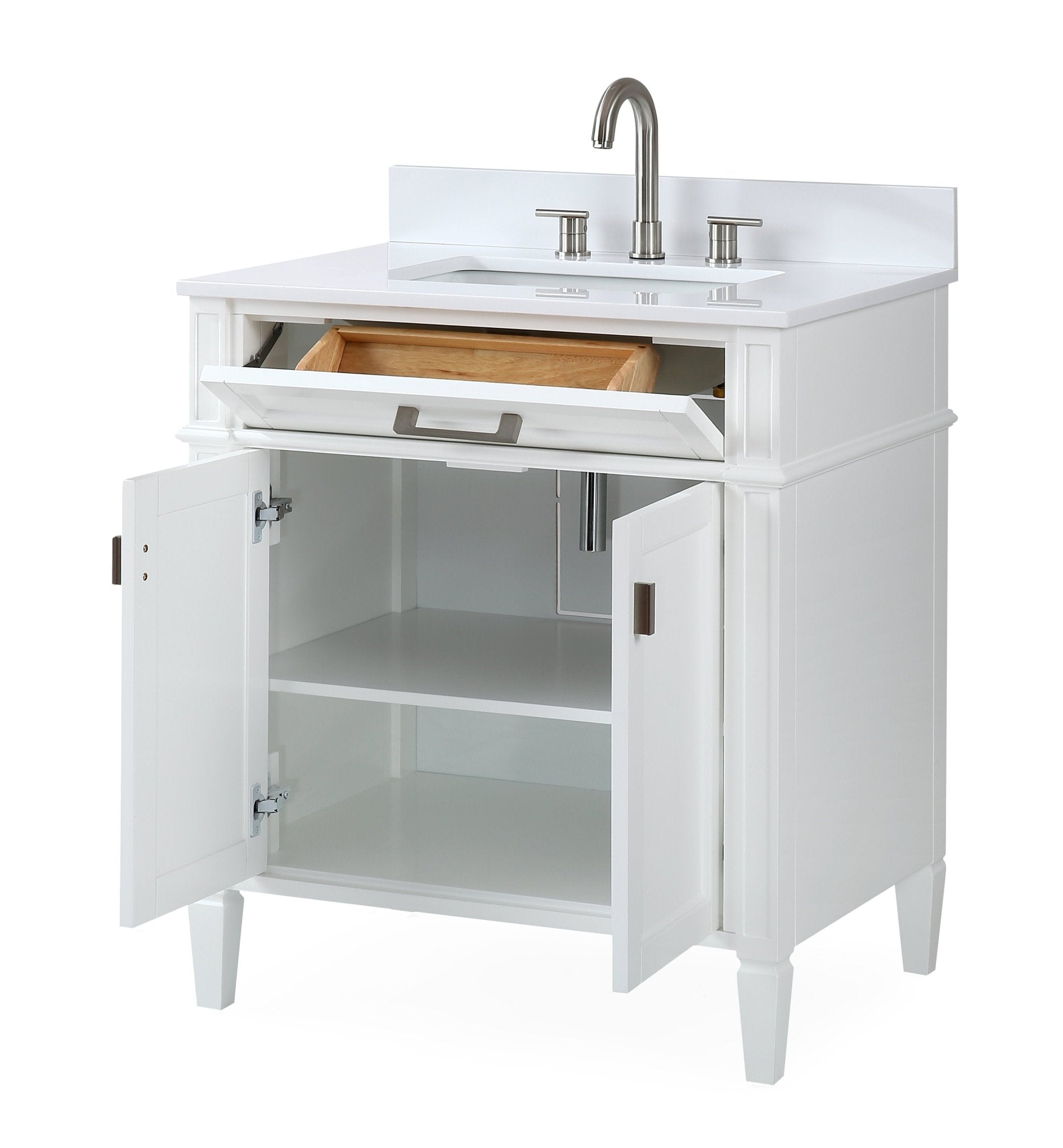 Chans Furniture QT-1808-V30W 30 Inch Durand Modern White Bathroom Sink Vanity with Stone Counter Top